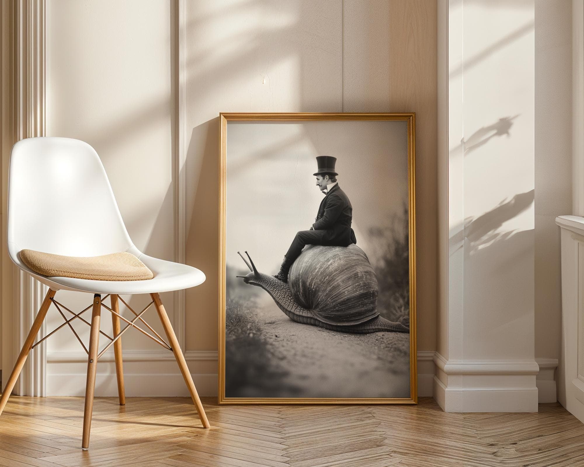 Victorian Gentleman on Giant Snail Wall Art, Surrealist Black and White Fantasy Wall Art, Weird Whimsical Art, Monochrome Surreal Decor - view 3