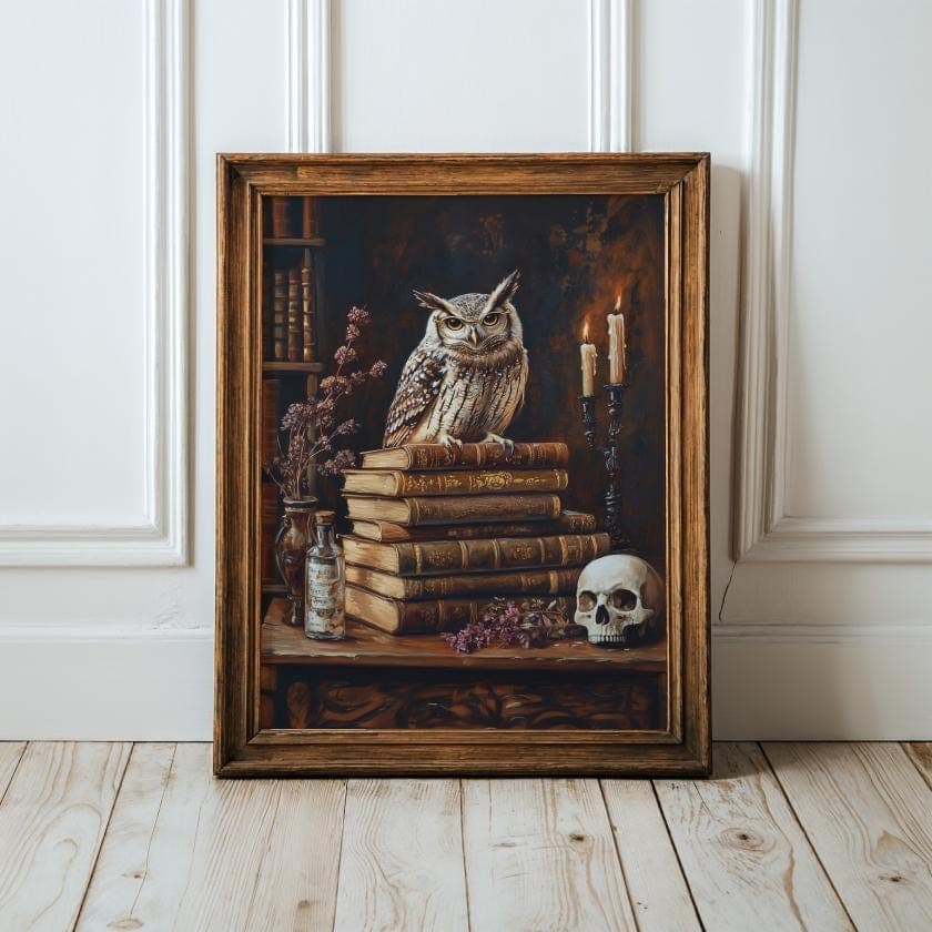 Gothic Owl and Skull Wall Art, Antique Owl Candlelit Art, Dark Academia Candlelit Library Painting, Vintage Book Stack Print, Gothic Art