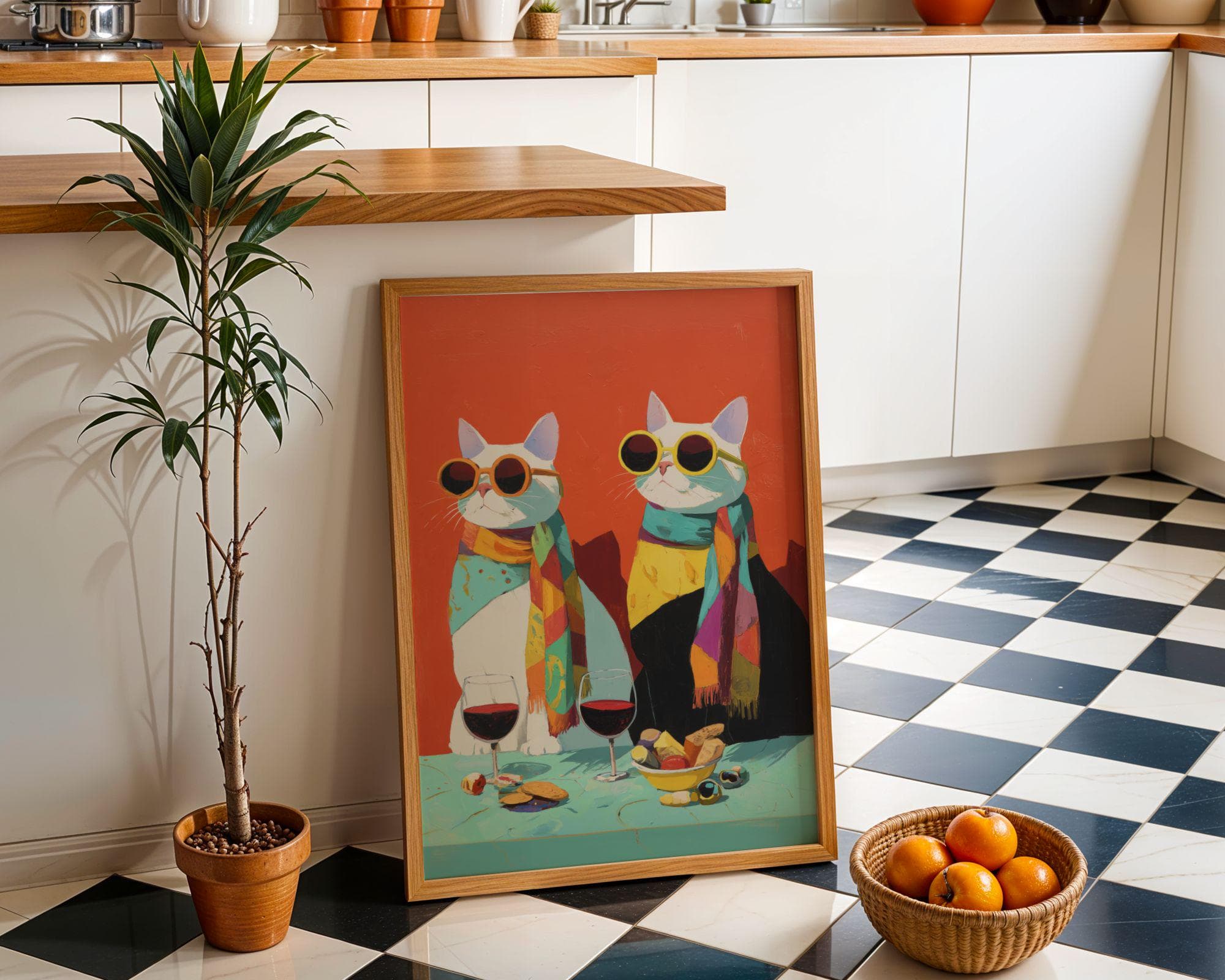 Funny Cat Couple Wine Wall Art, Modern Cat Couple Wall Decor, Quirky Cat Kitchen Wall Art, Funky Cats Kitchen Decor, Hipster Cats Wine Art - view 4