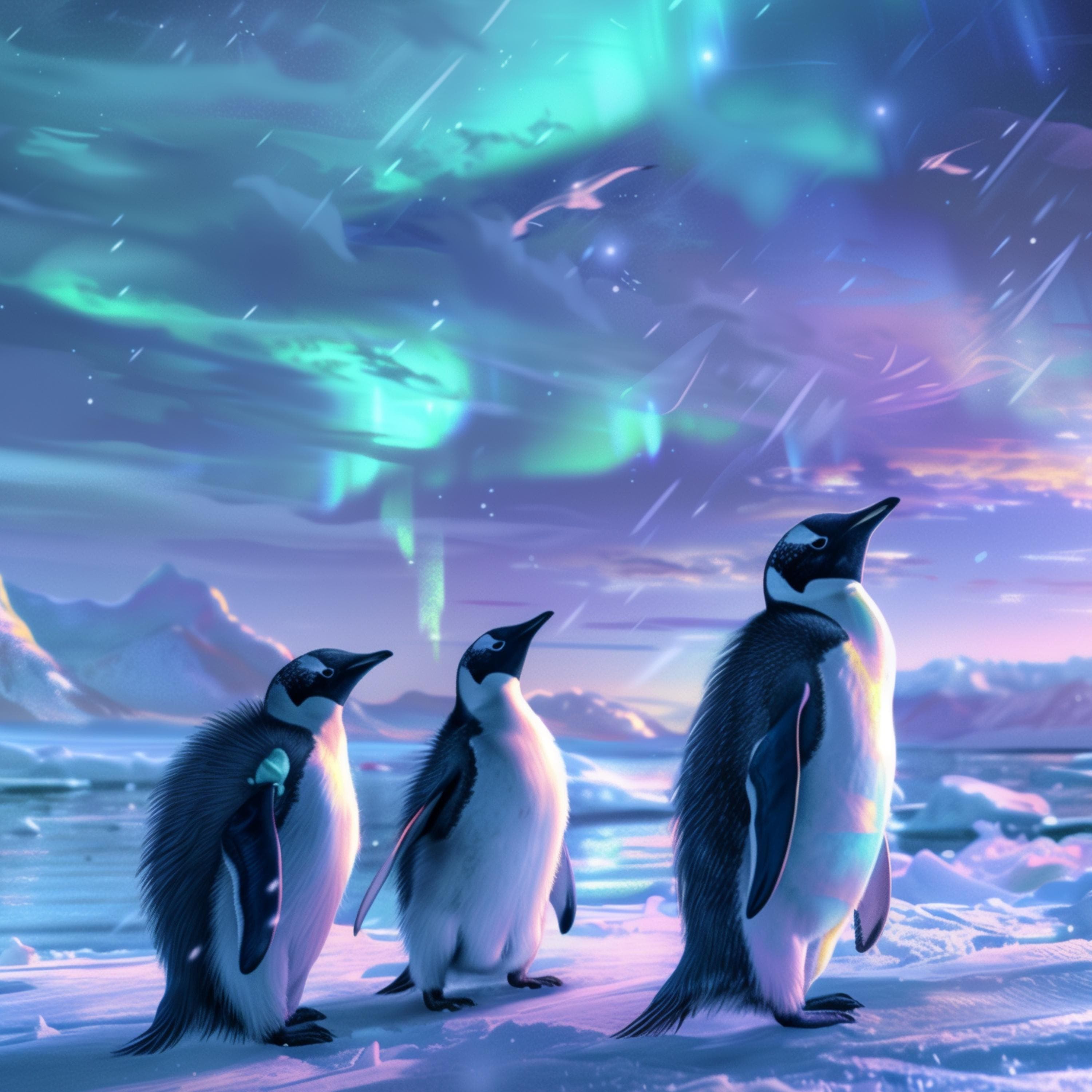 Aurora Penguins Poster, Kids Room Decor, Whimsical Penguin Art, Northern Lights Nursery Decor, Fantasy Kids Wall Art, Child's Room Decor - view 2