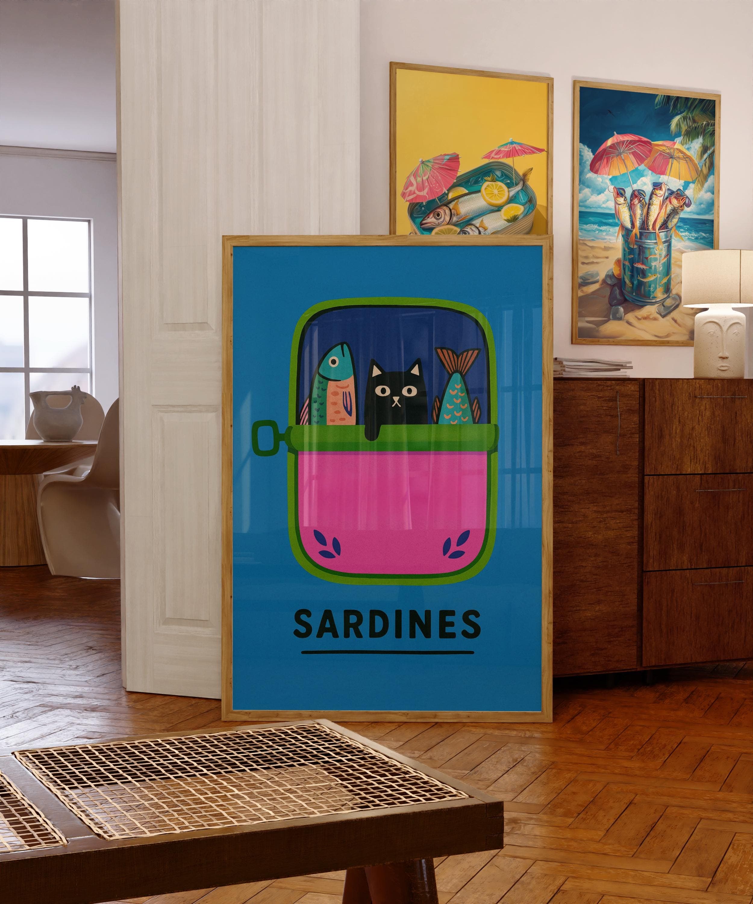 Funny Black Cat Wall Art, Black Cat in Sardine Tin with Colorful Fish, Funny Kitchen Wall Art, Sardine Tin Wall Art, Retro Pop Art Print