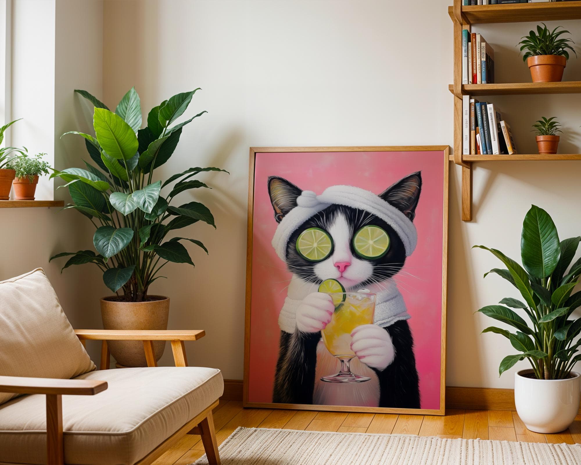 Quirky Cat Art, Lime and Pink Cat Art, Chic Black Cat Art, Spa Cat Wall Art, Relaxing Cat Portrait, Dopamine Wall Decor, Maximalist Cat Art - view 6