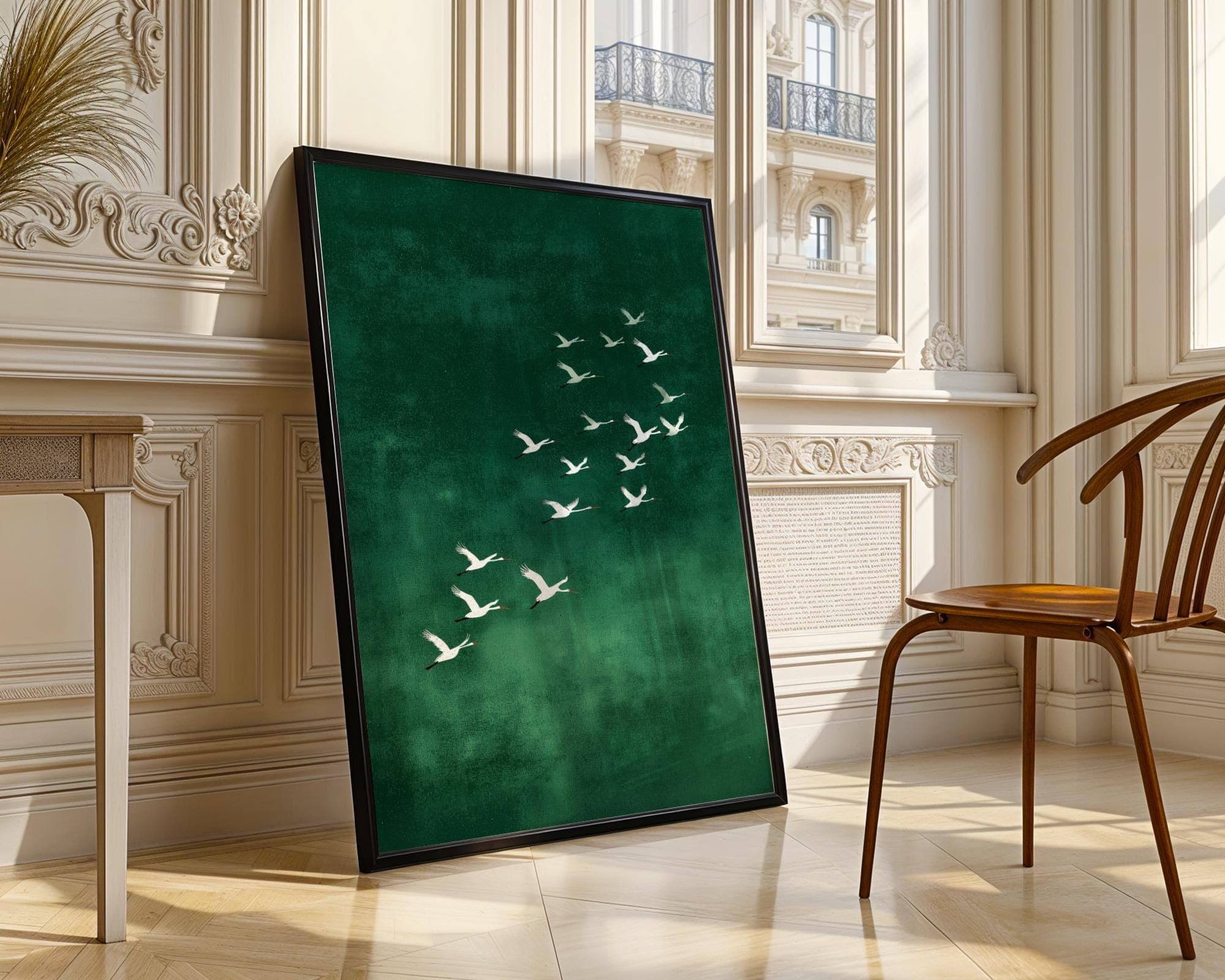 Minimalist White Crane Wall Art | Japandi Crane Print on Emareld Green Background, Minimalist Bird Wall Art, Tranquil Bird Print, Crane Art - view 2
