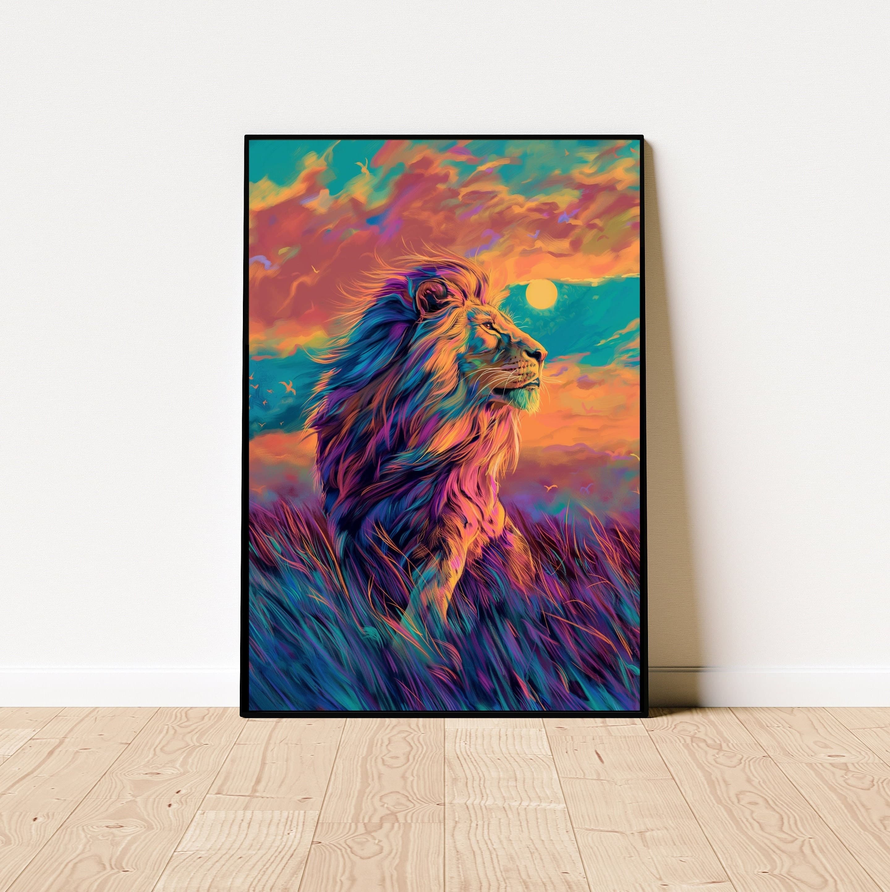 Majestic Lion Sunset Oil Painting Poster, Colorful Animal Poster, Printable Animal Art, Digital Lion Art, Maximalist Lion Poster, Lion Art