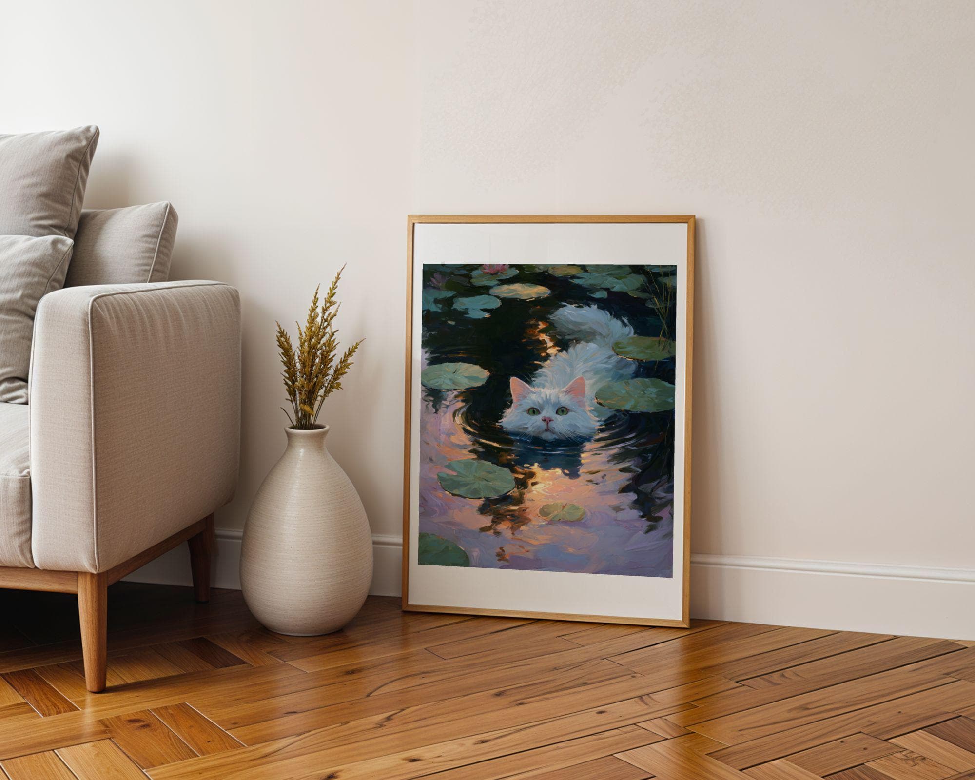 White Cat in Lily Pond, White Cat Painting, Dreamy Pond Wall Art, Bathroom Wall Art, Whimsical Cat Poster, Cottagecore Cat Art, White Cat - view 7
