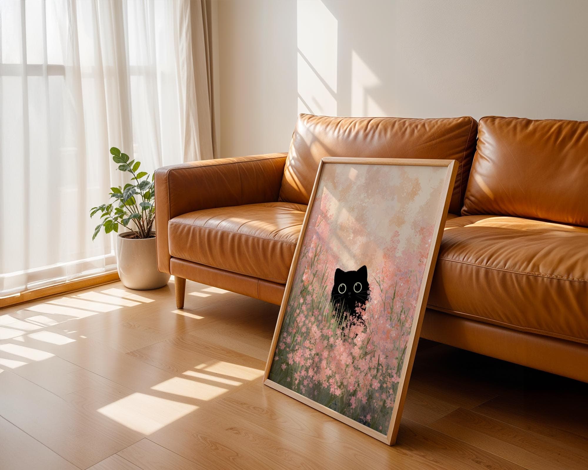 Black Cat in Pink Flower Field, Whimsical Animal Art, Floral Cat Wall Art, Black Cat Art Print, Whimsical Black Cat Painting, Black Cat Art - view 7