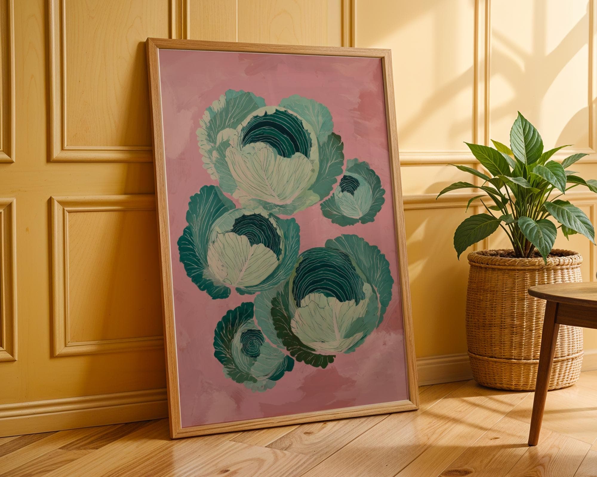 Green Cabbage Wall Art, Green Vegetable Print, Rustic Kitchen Decor, Pink Aesthetic Kitchen Decor, Digital Download, Vegetable Print - view 3