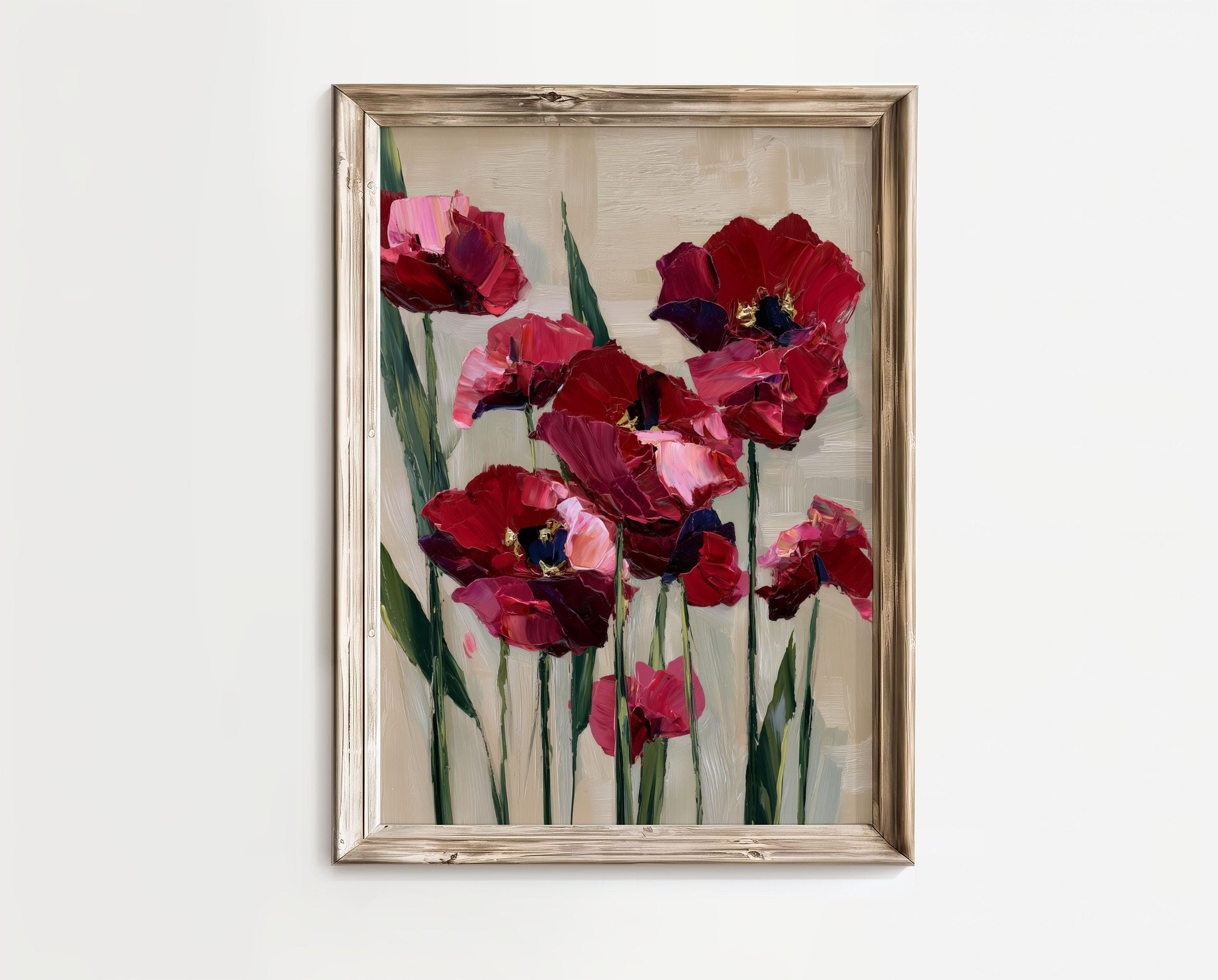 Red Blossom Painting | Contemporary Floral Art, Crimson Poppies Painting, Textured Floral Oil Painting Print, Poppy Flower Oil Print