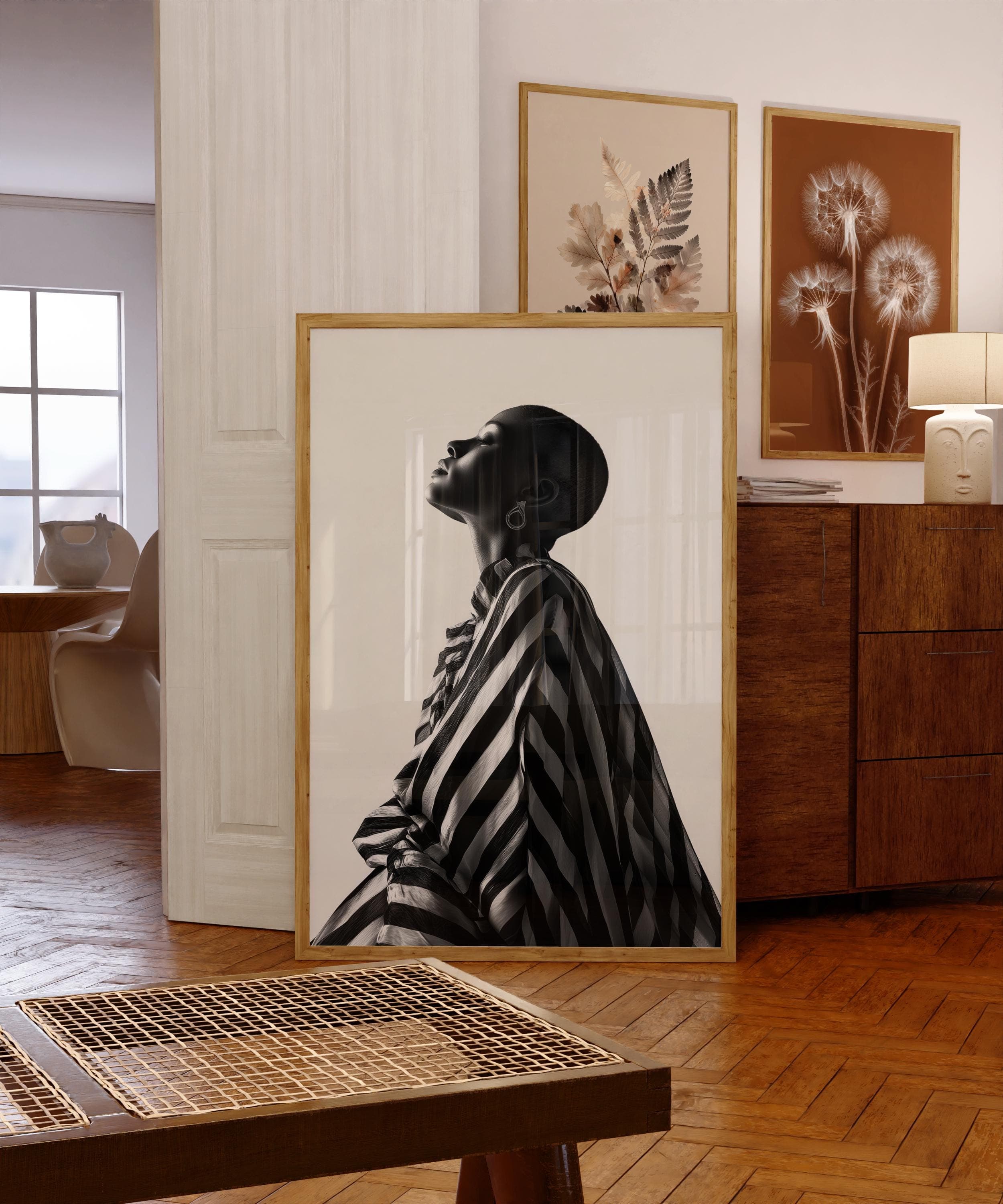 Black and White Fashion Wall Art, Modern Woman Portrait Print, Minimalist Bold Striped Outfit Poster, Abstract Portrait Poster, Digital Art