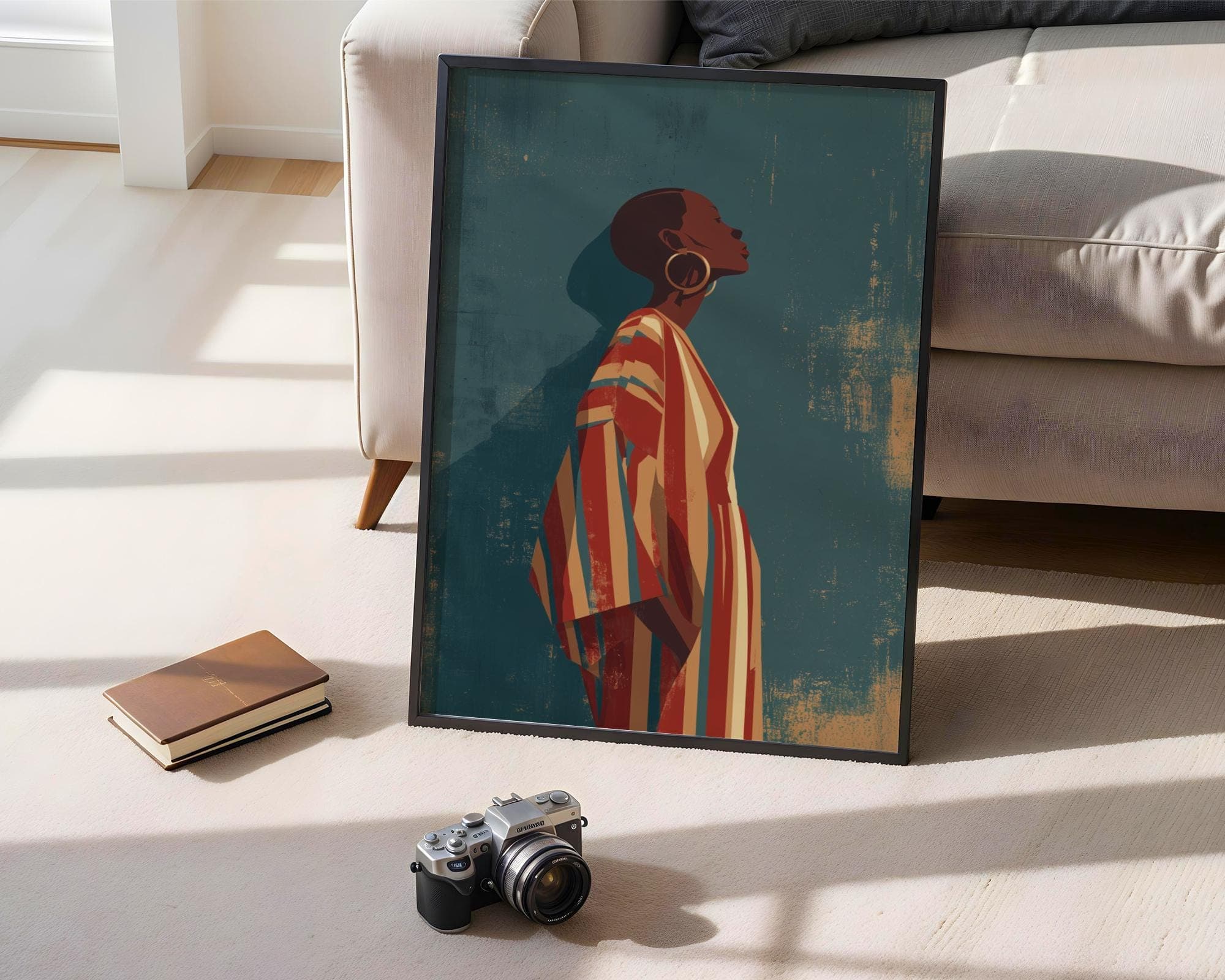 Modern African Woman Wall Art | Bold Striped Dress Illustration | Contemporary Ethnic Home Decor, Chic Minimalist Wall Art, Ethnic Wall Art - view 6