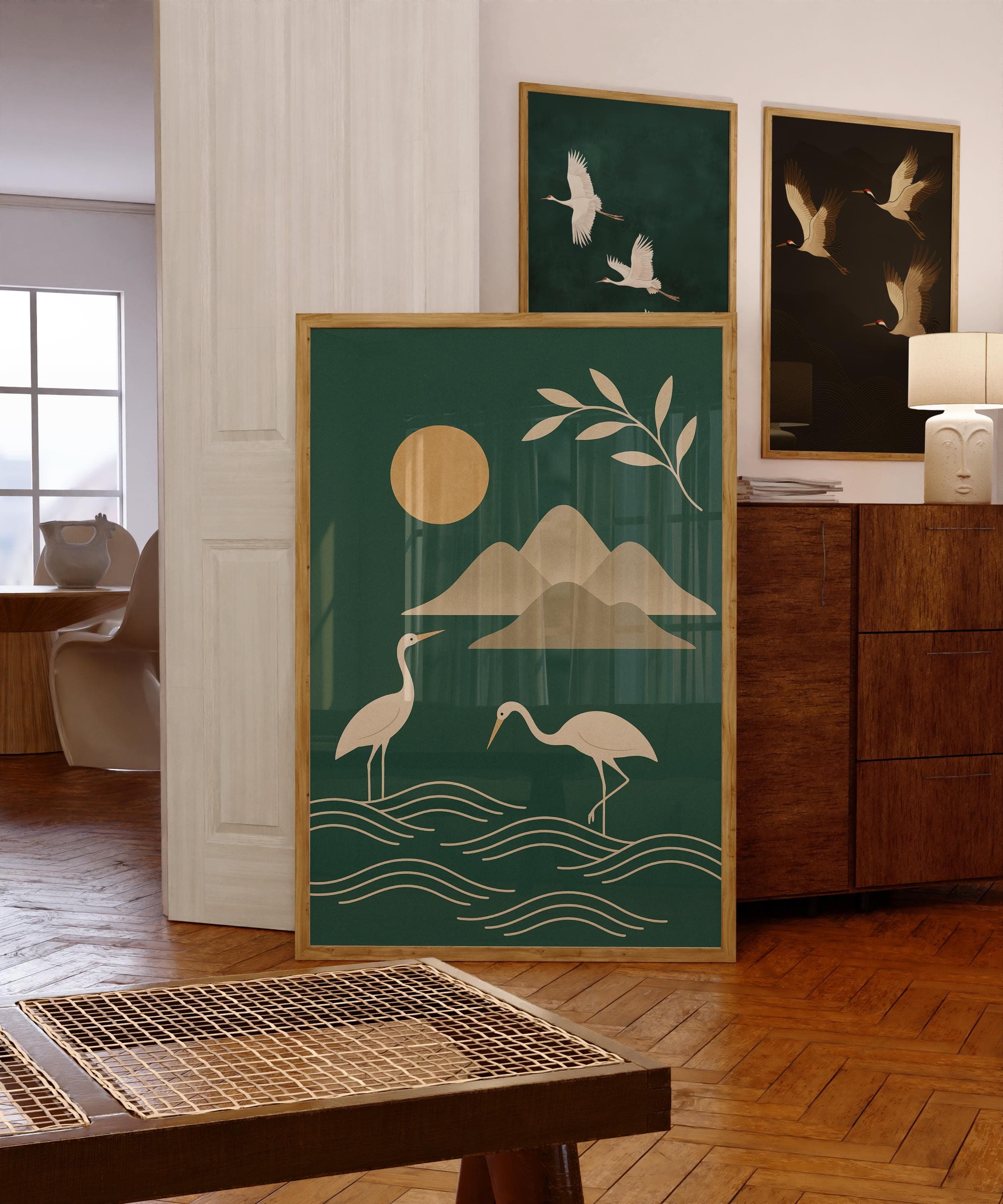 Abstract Bird Wall Art, Emareld Green Japandi Wall Art, Modern Asian Bird Poster, Minimalist Crane Wall Art, Zen Crane and Waves Print