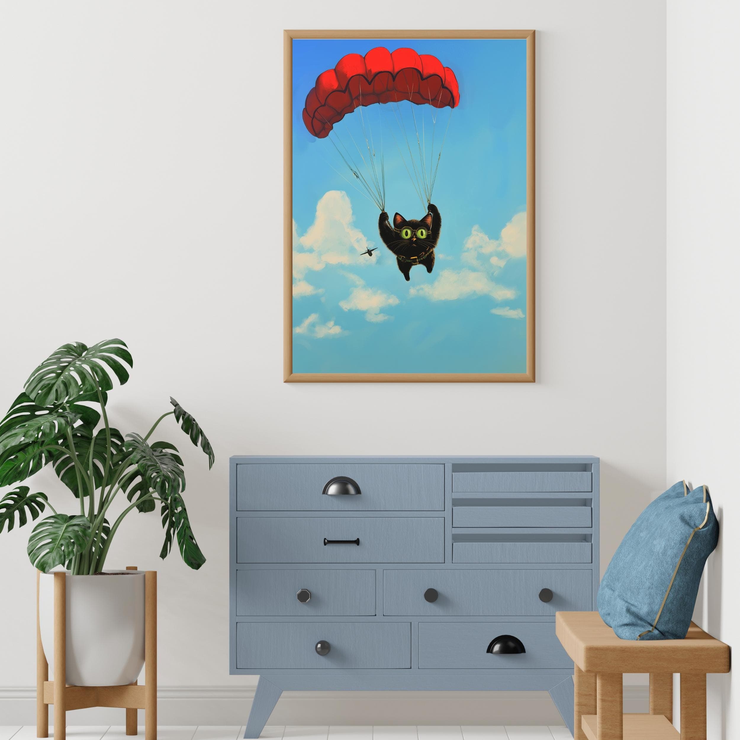 Black Cat Parachuting Art Print, Whimsical Black Cat Decor, Matisse Style, Digital Art Print, Colorful Black Cat Art, Oil Painting Black Cat - view 3