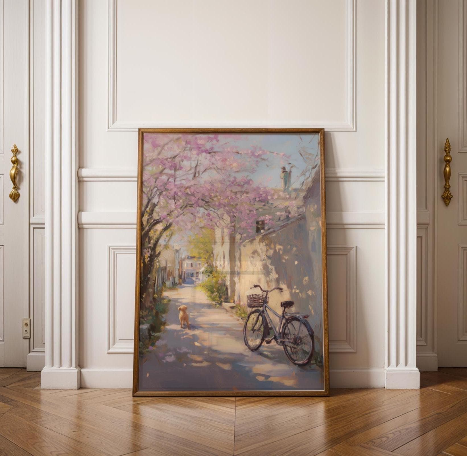 Cherry Blossom Street Print, Dog and Vintage Bike Poster, Pastel Blossom Street Print, Cottagecore Blossom Decor, Floral Alley Wall Print