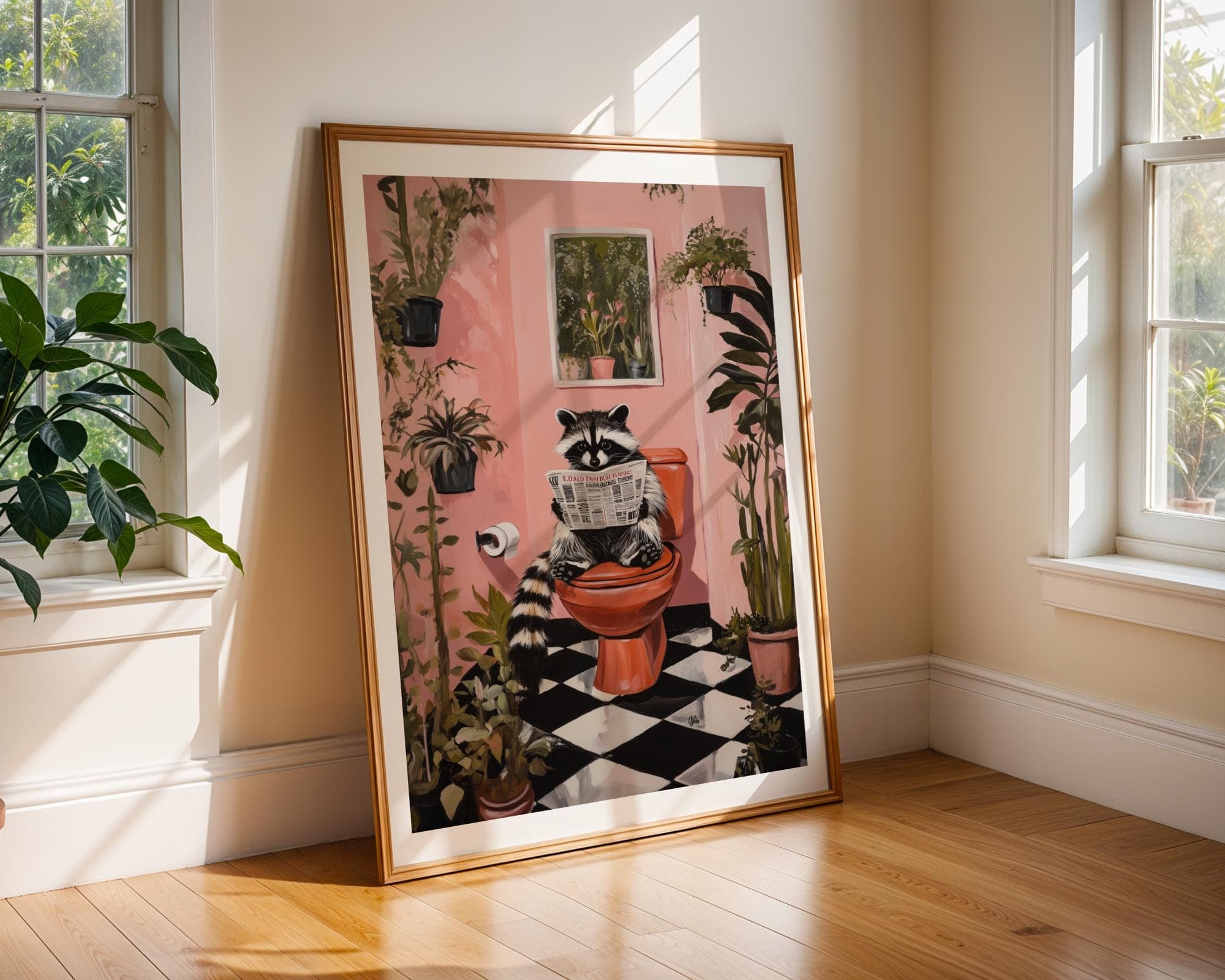 Cute Racoon on Toilet, Funny Bathroom Decor, Pintable Racoon, Funny Racoon Reading on Toilet, Humor Cute Racoon Poster, Matisse Painting - view 2
