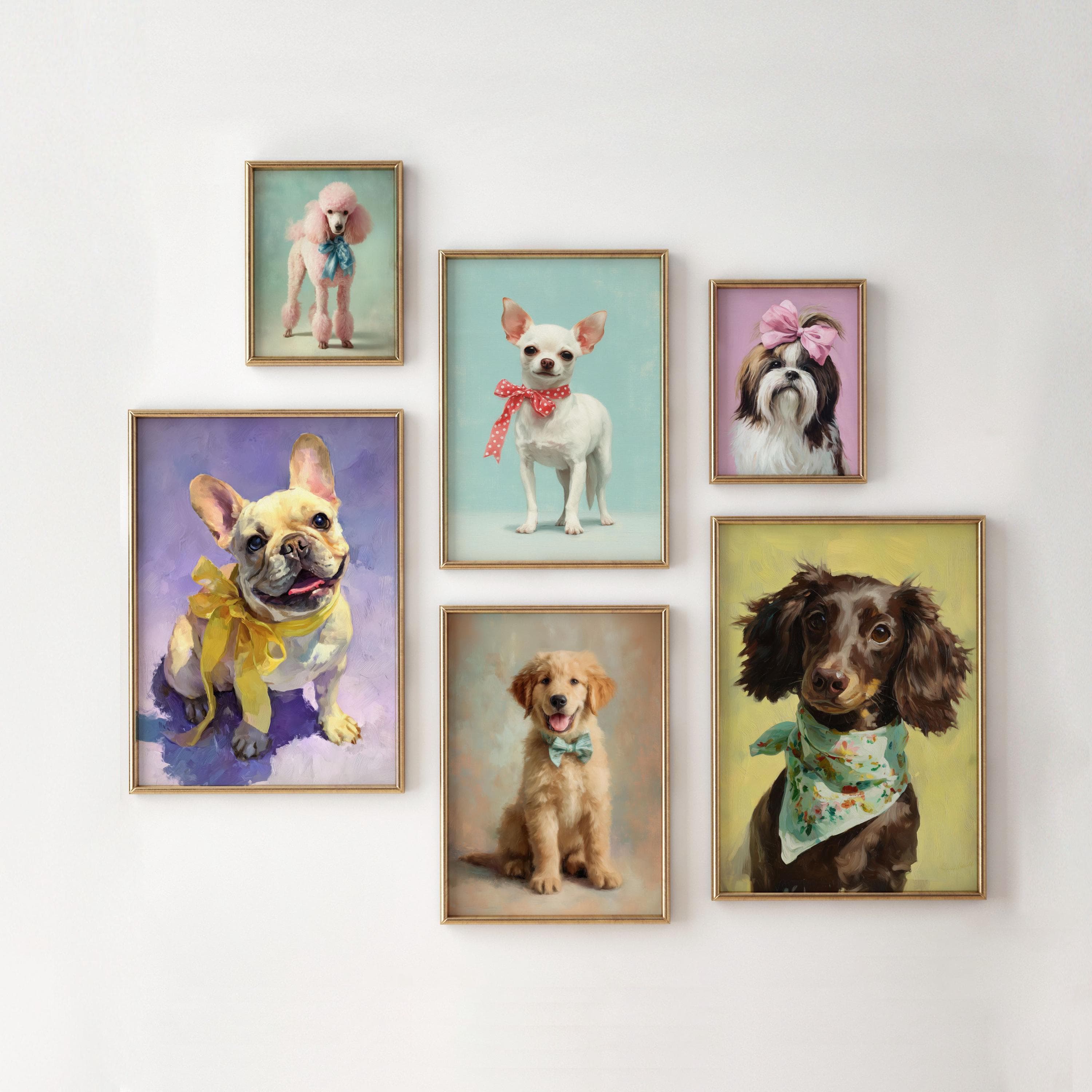 Cute Dog Portrait Wall Art Set of 6, Puppy Gallery Wall Art, Colorful Dog Portrait Gallery Wall, Puppy Nursery Decor, Pet Portrait Art