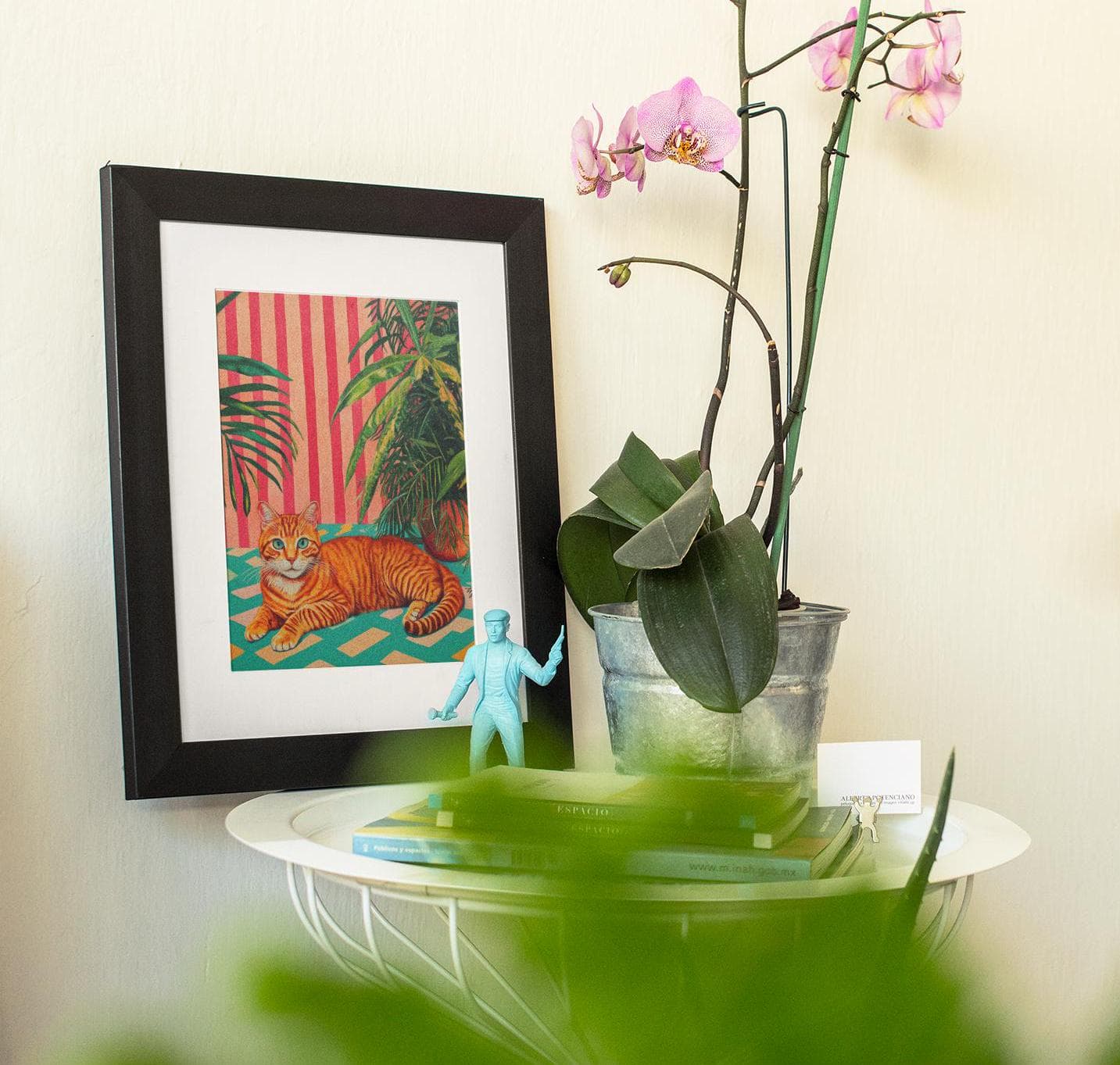 Orange Tabby Cat with Plants Poster, Modern Art Poster,Whimsical Orange Cat with Green Plants, Retro Striped Wall Art, Retro Vibes Art Print - view 4