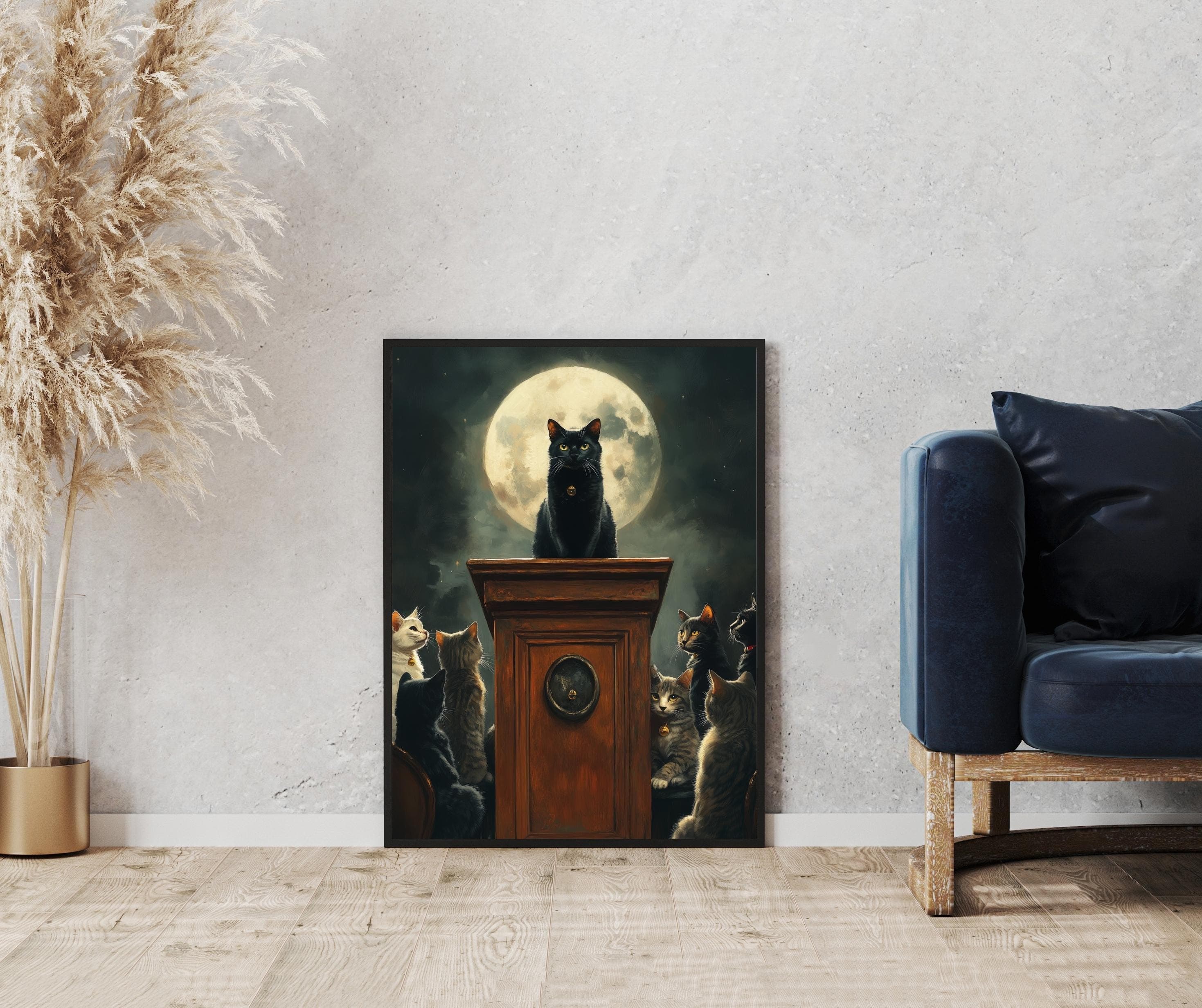 Full Moon Cat Illustration, Whimsical Cat Gathering Art, Black Cat and Moon Poster, Black Cat Leader Poster, Mysterious Black Cat Poster - view 4