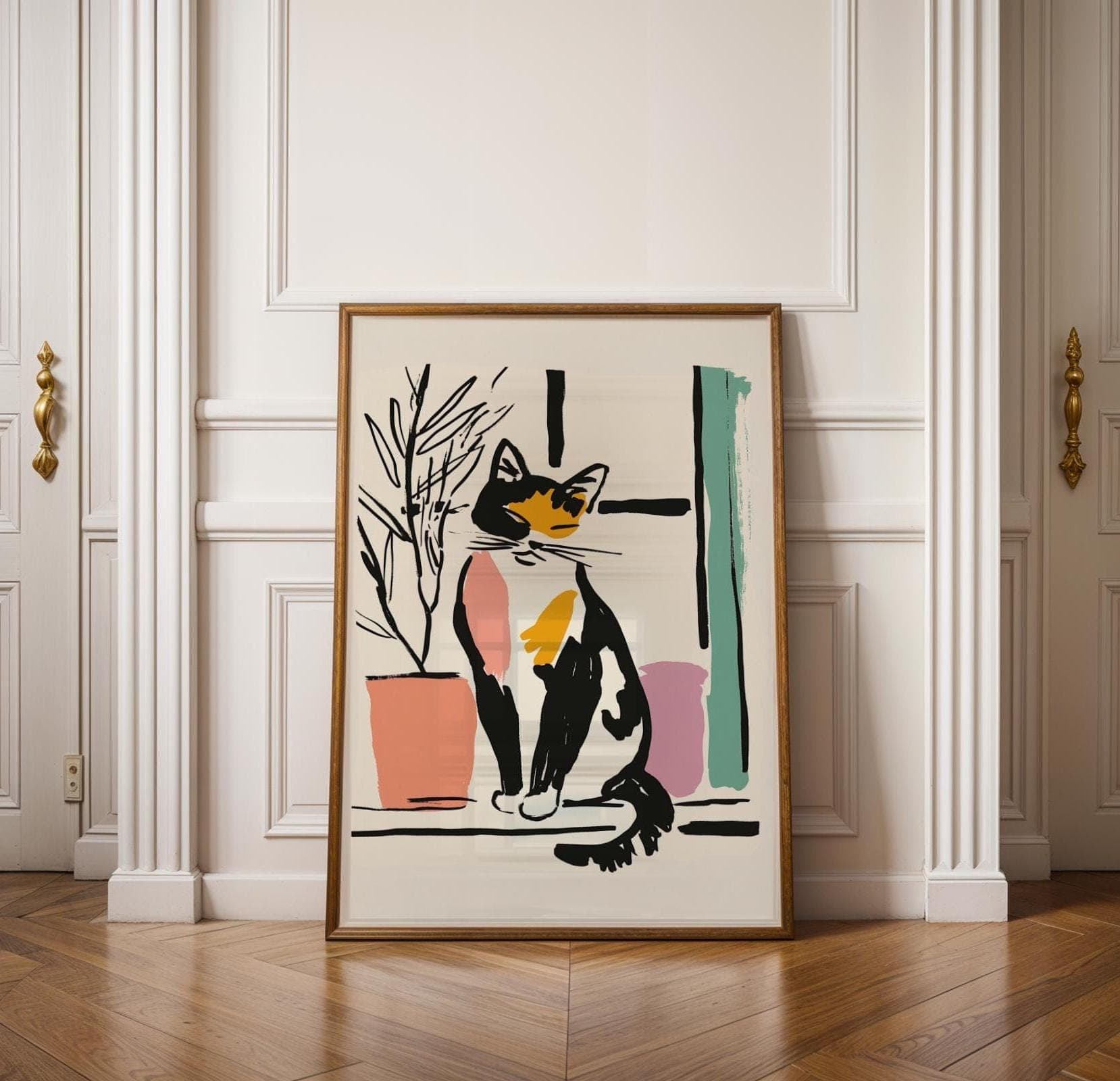 Calico Kitty in Window Art Print, Modern Calico Cat Poster, Line Art Cat Print, Colorful Cat Line Art, Minimal Boho Cat Wall Art, Cat Poster