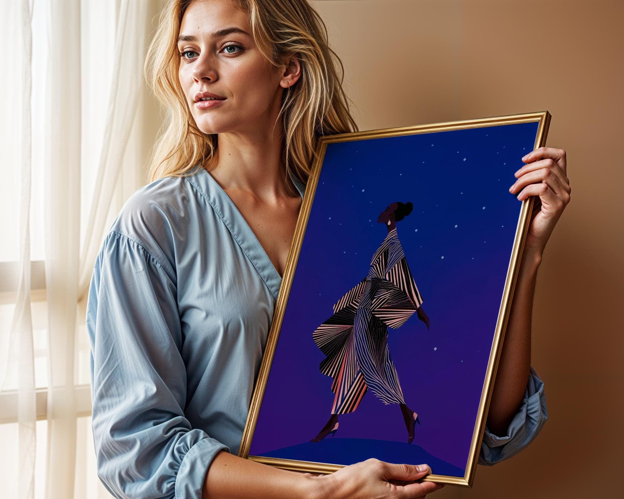 Modern African Woman Wall Art, Contemporary Minimalist Woman Art, Starry Night Fashion Wall Art, Minimalist Silhouette Wall Decor, Ethnic - view 6
