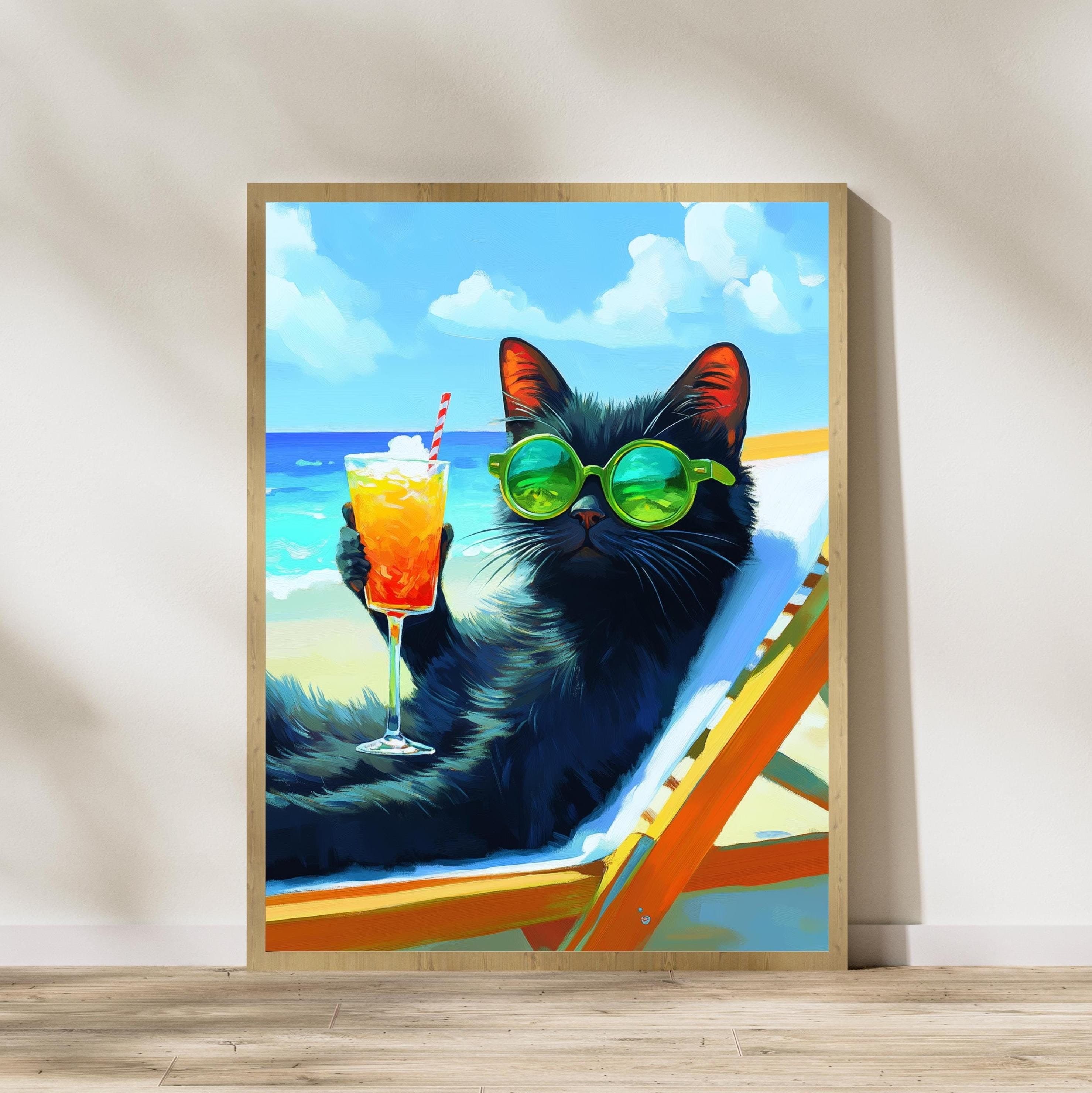 Sunbathing Cat Art Print, Black Cat Digital Poster, Black Cat Oil Painting, Colorful Cat Print, Matisse Cat Print, Summer Beach Cat Art