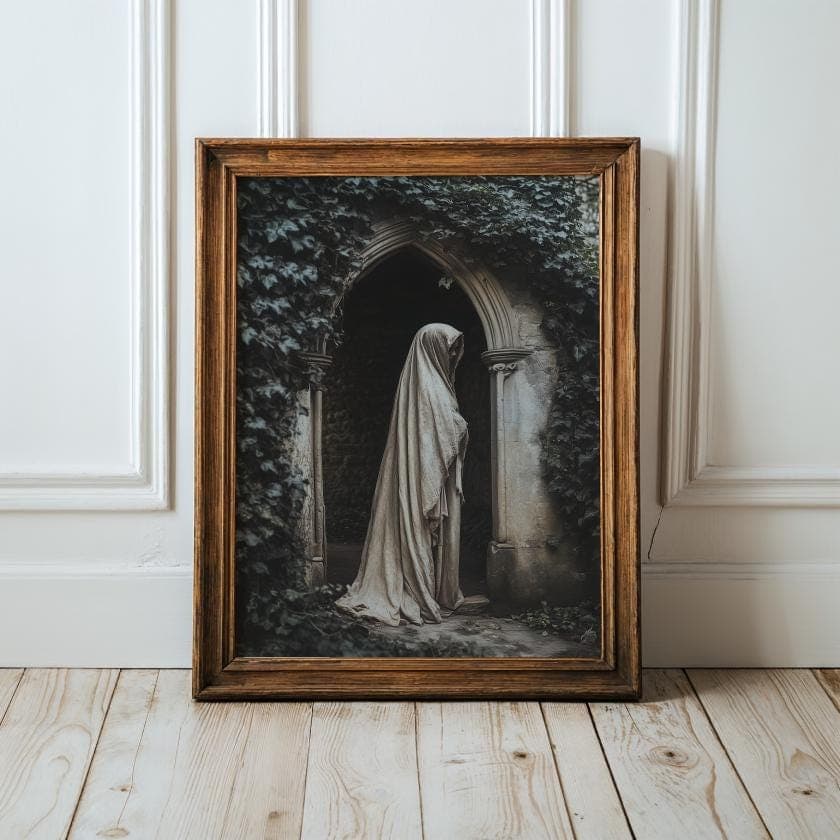 Veiled Woman under Ivy Canvas – Moody Gothic Portrait for Bedroom Decor, Dark Academia Wall Print, Vintage Veiled Woman Poster, Digital Art
