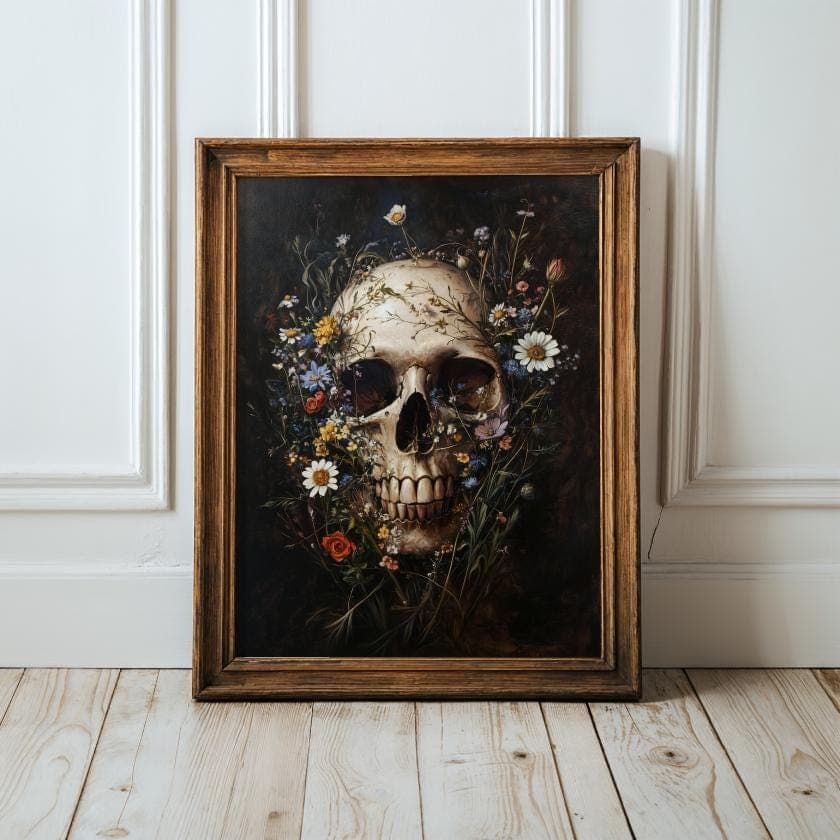 Floral Skull Wall Art, Gothic Botanical Skull Print, Dark Academia Aesthetic, Floral Skull Poster, Vintage Skull and Flowers Wall Art