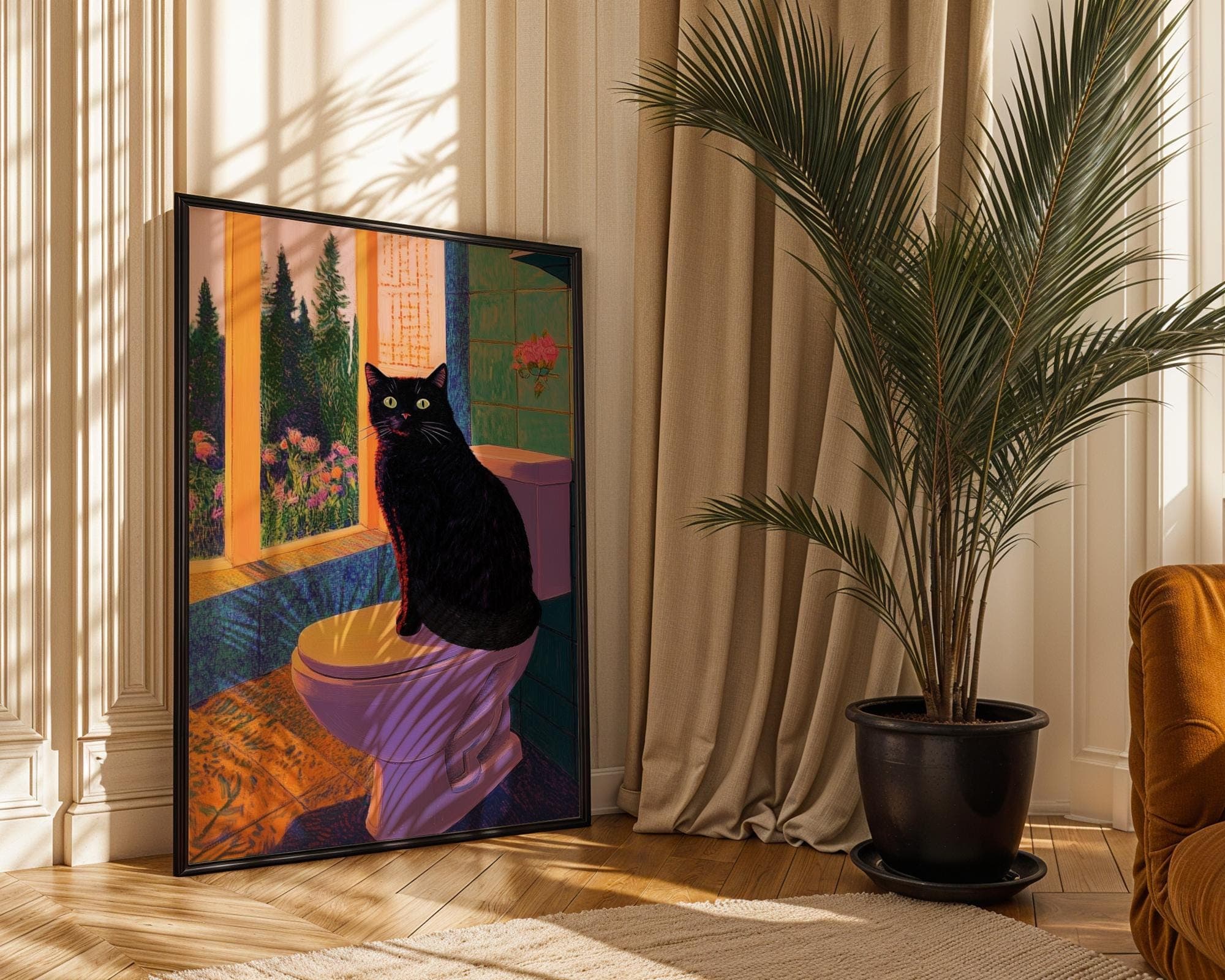 Funny Black Cat Bathroom Wall Art, Quirky Bathroom Decor, Quirky Cat Lover Gift, Black Cat Bathroom Print, Whimsical Cat Decor, Animal Print - view 2