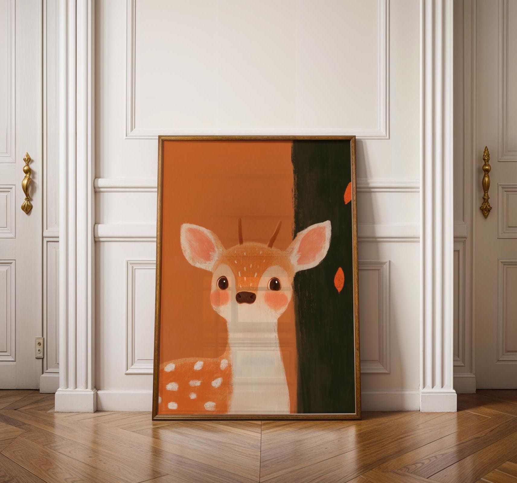 Baby Deer Wall Art, Cute Woodland Nursery Decor, Whimsical Nursery Decor, Deer Wall Decor for Kids, Woodland Nursery Decor, Orange Painting