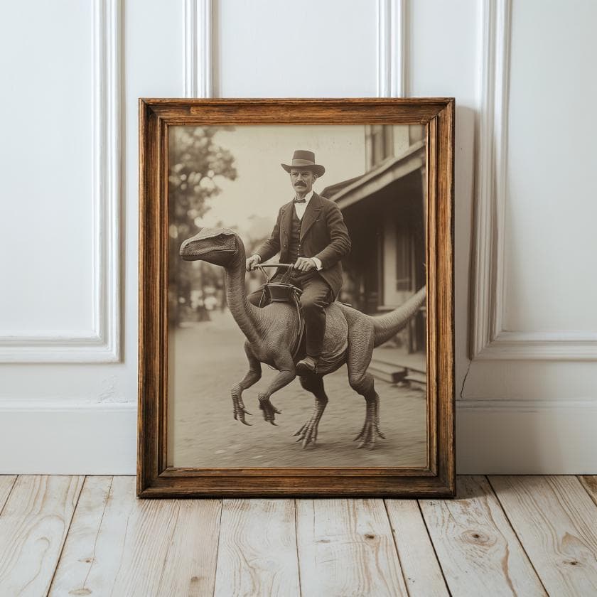 Dapper Man Riding Dinosaur Art – Vintage Western Wall Decor, Office & Man Cave Decor, Retro Sci Fi Wall Art for Steampunk Decor, Western Art