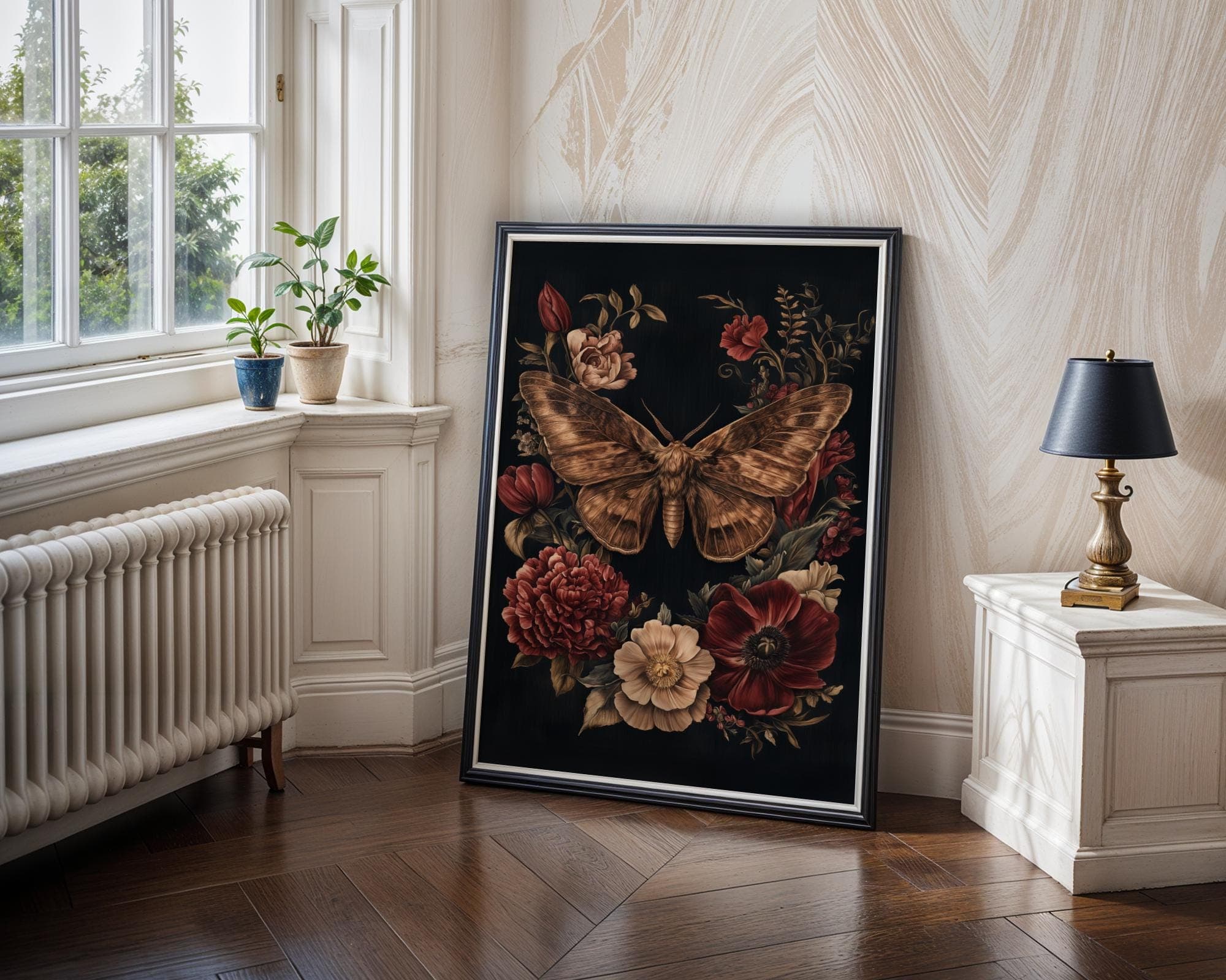 Vintage Moth and Floral Wall Art Print ā botanical printable, floral dark academia, Nature Moth Wall Art, Botanical Moth Poster, Vintage Art - view 4