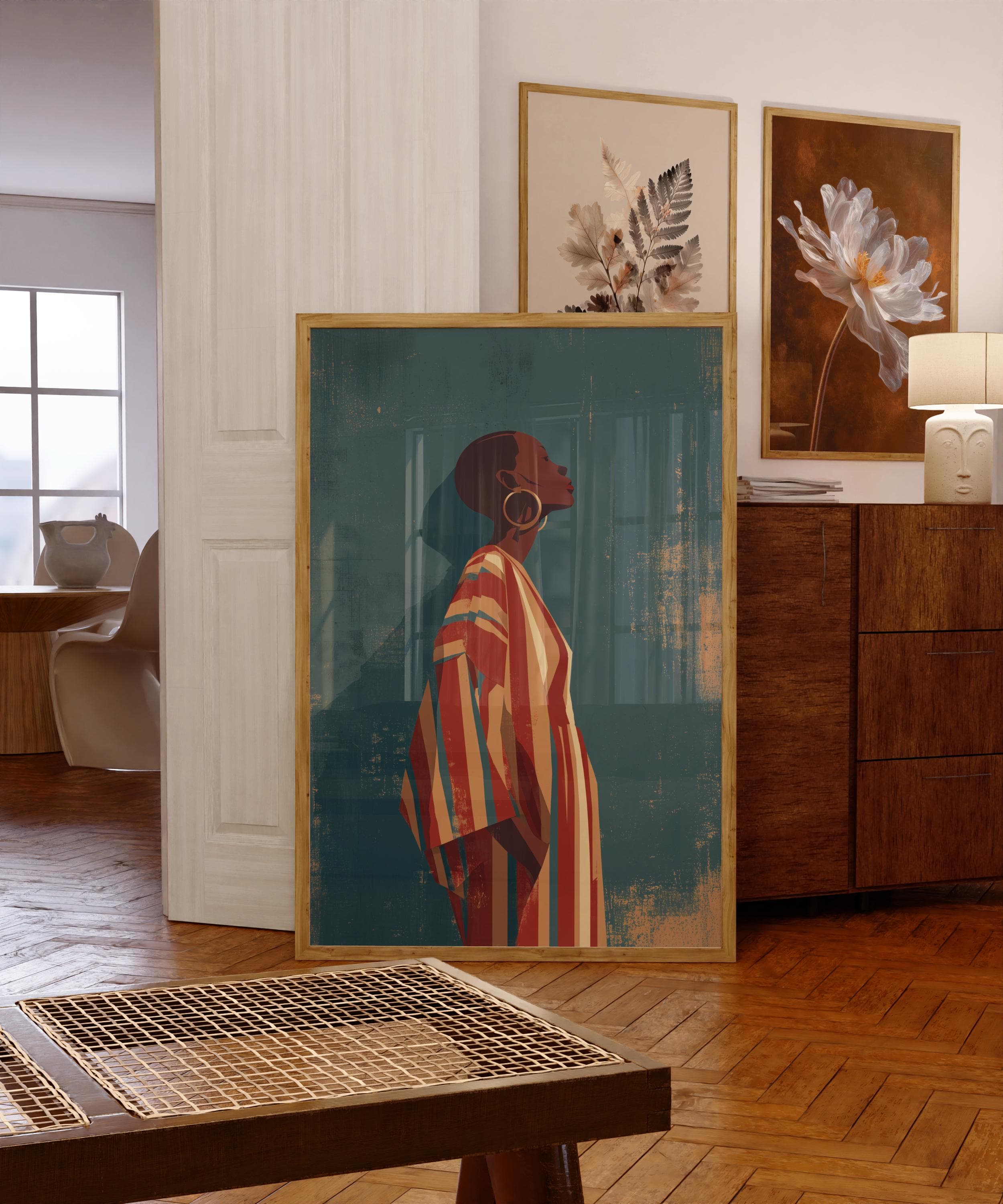 Modern African Woman Wall Art | Bold Striped Dress Illustration | Contemporary Ethnic Home Decor, Chic Minimalist Wall Art, Ethnic Wall Art