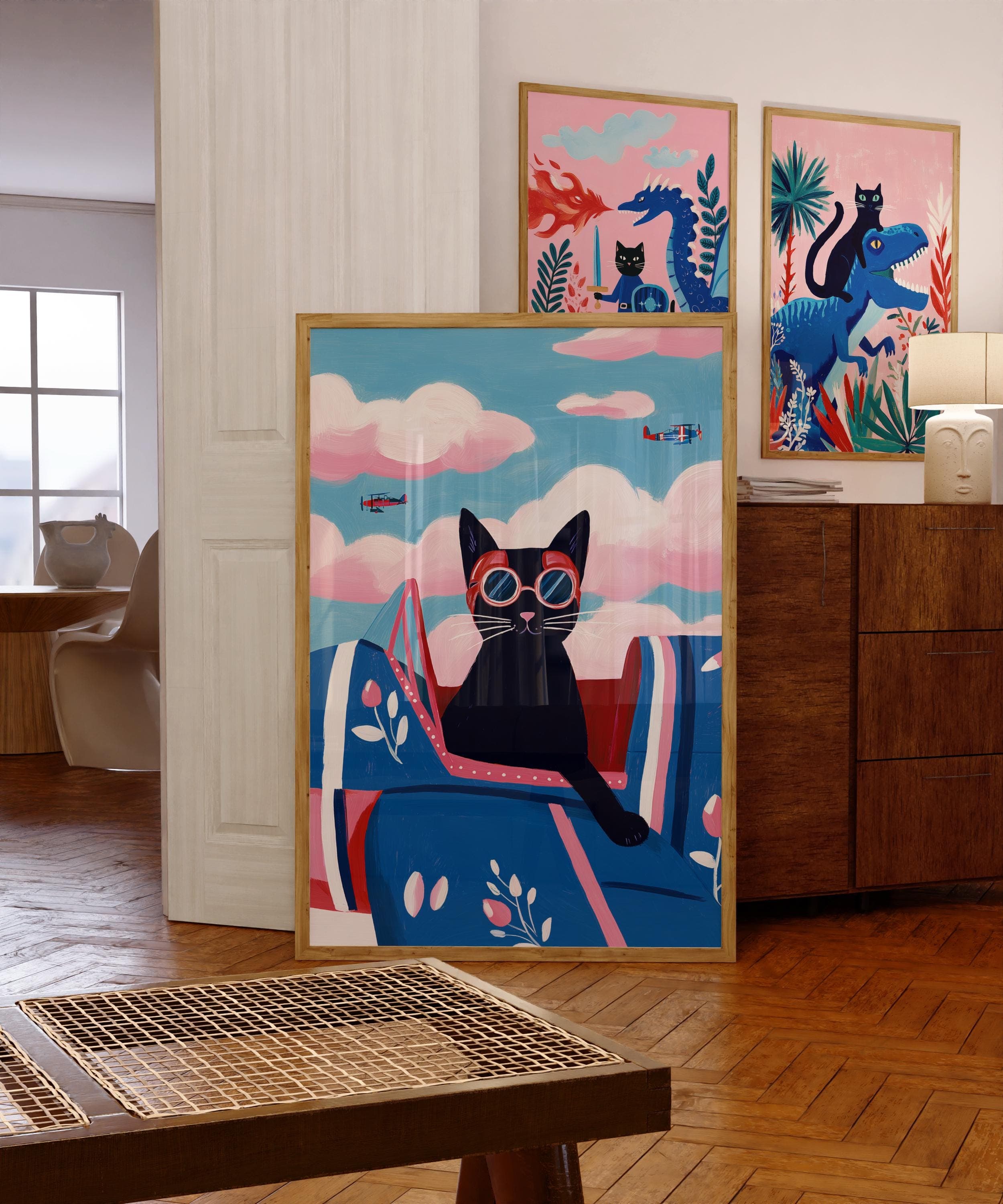Aviator Cat Wall Art, Vintage Airplane Art, Whimsical Black Cat Art, Pilot Cat Wall Poster, Nursery Wall Poster, Digital Download, Printable