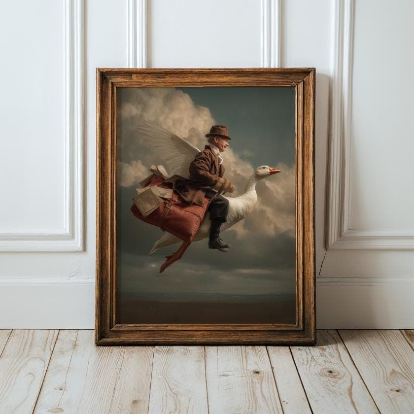 Surreal Flying Goose Mailman Wall Art Print, Whimsical Vintage Fantasy Animal Poster, Vintage Whimsical Fantasy Print, Retro Fantasy Poster