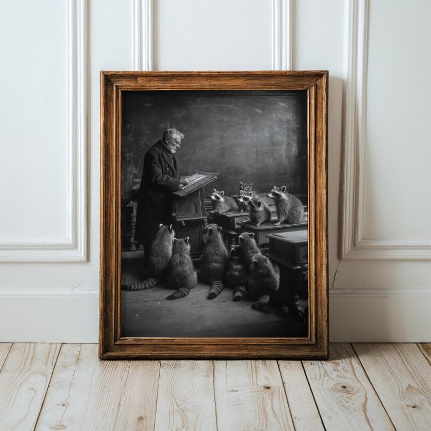 Vintage Raccoon Classroom Wall Art – Funny Animal Print, Black and White Humor Art, Victorian Funny Animal Poster,