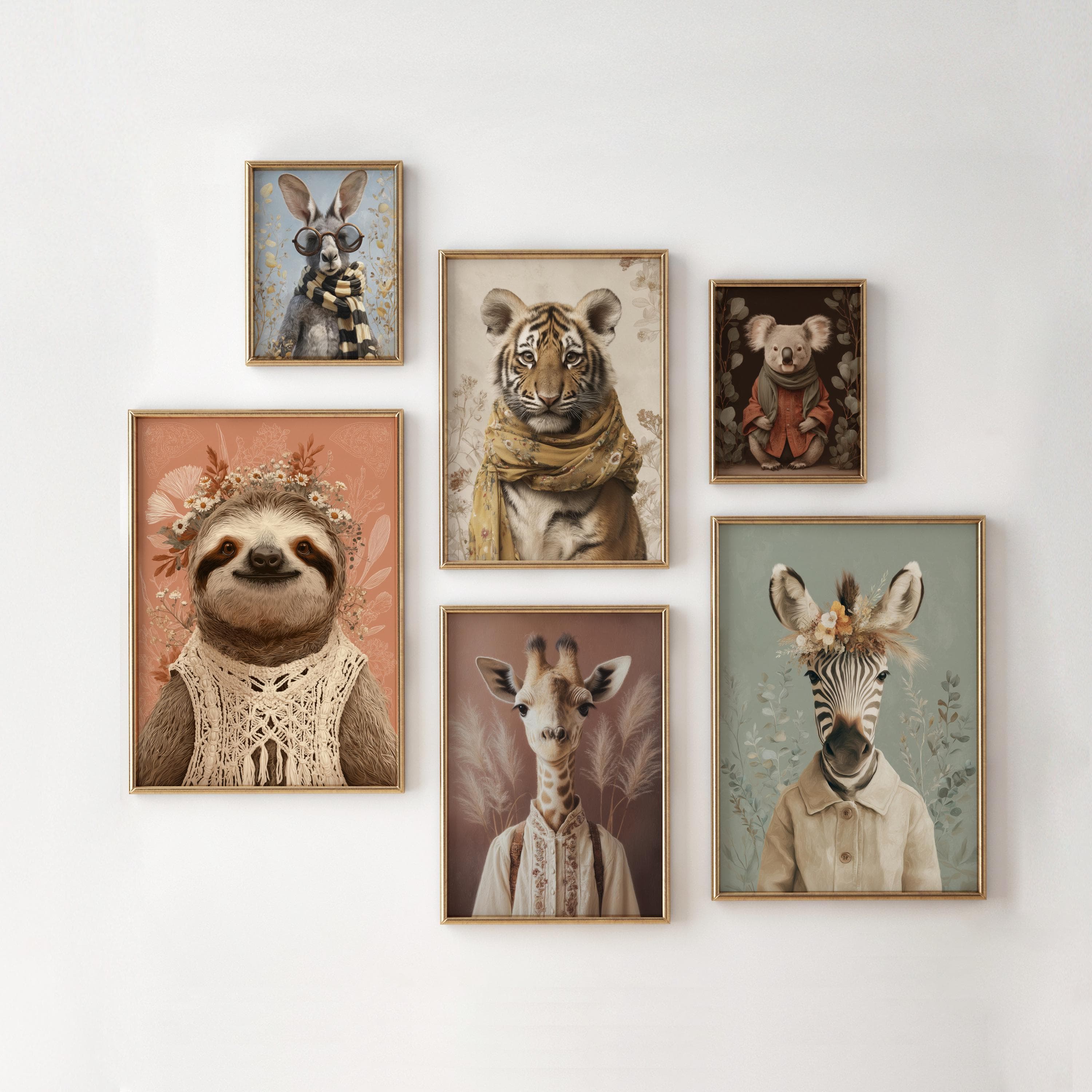 Vintage Jungle Animal Portrait Gallery Set of 6, Dopamine Aesthetic, Maximalist Decor, Preppy Print, Maximalist Eclectic, Digital Download