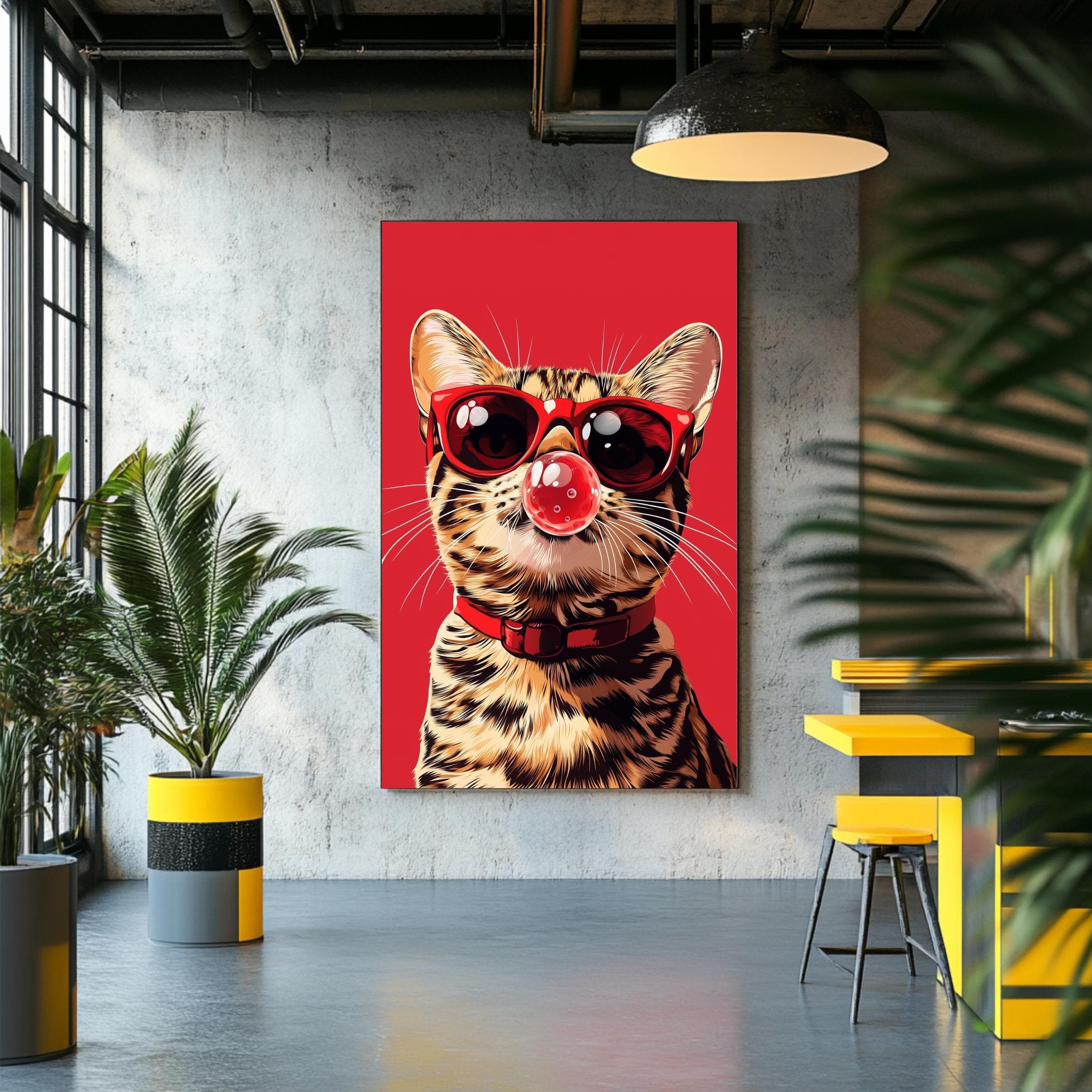 Pop Art Cat with Bubblegum Print, Cool Cat Digital Download, Quirky Red Background Digital Illustration, Trendy Bubblegum Cat Digital Art - view 3