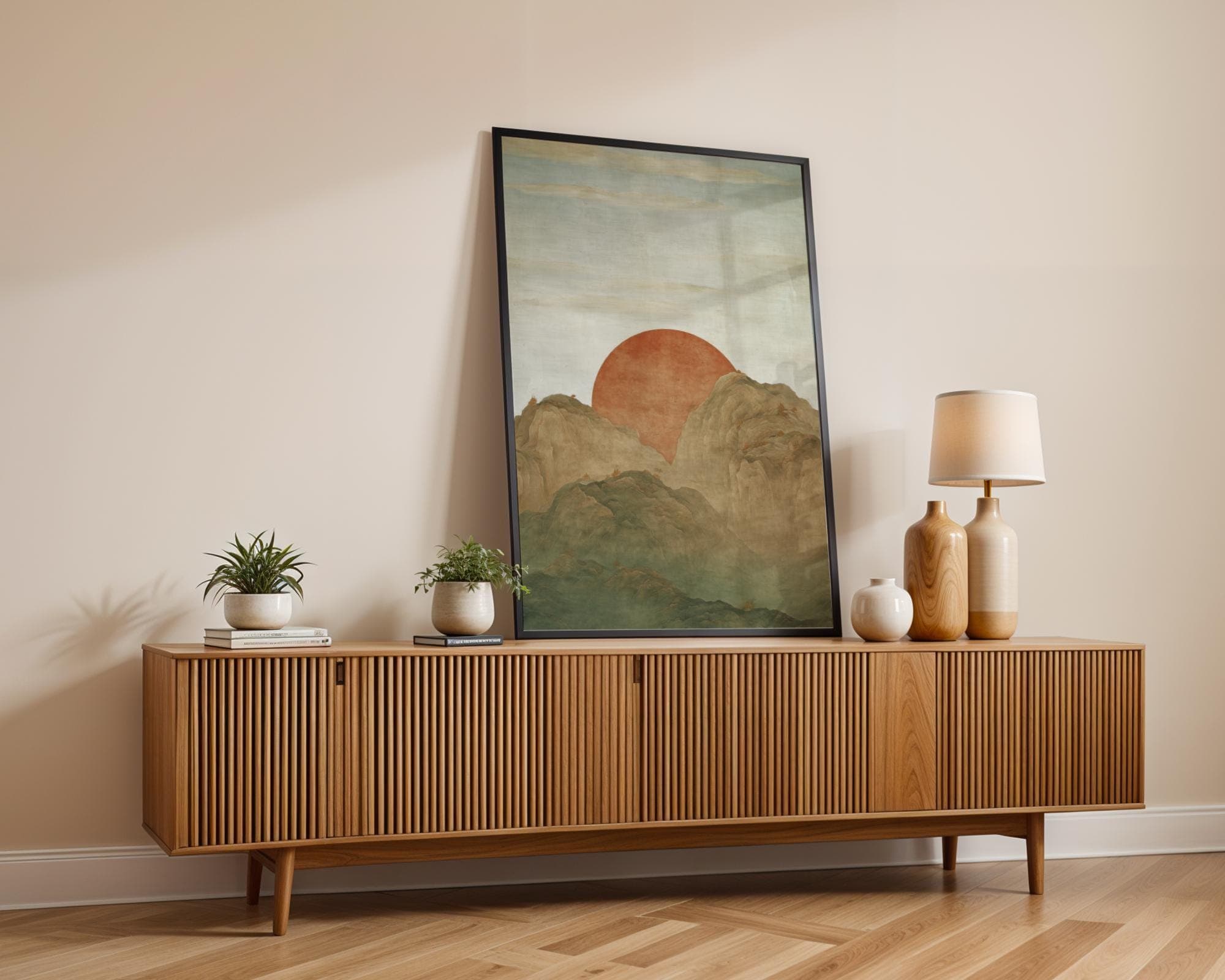 Japanese Landscape Wall Art, Red Sun Mountain Print, Traditional Asian Painting, Zen Nature Poster, Minimal Japanese Print, Digital Download - view 3