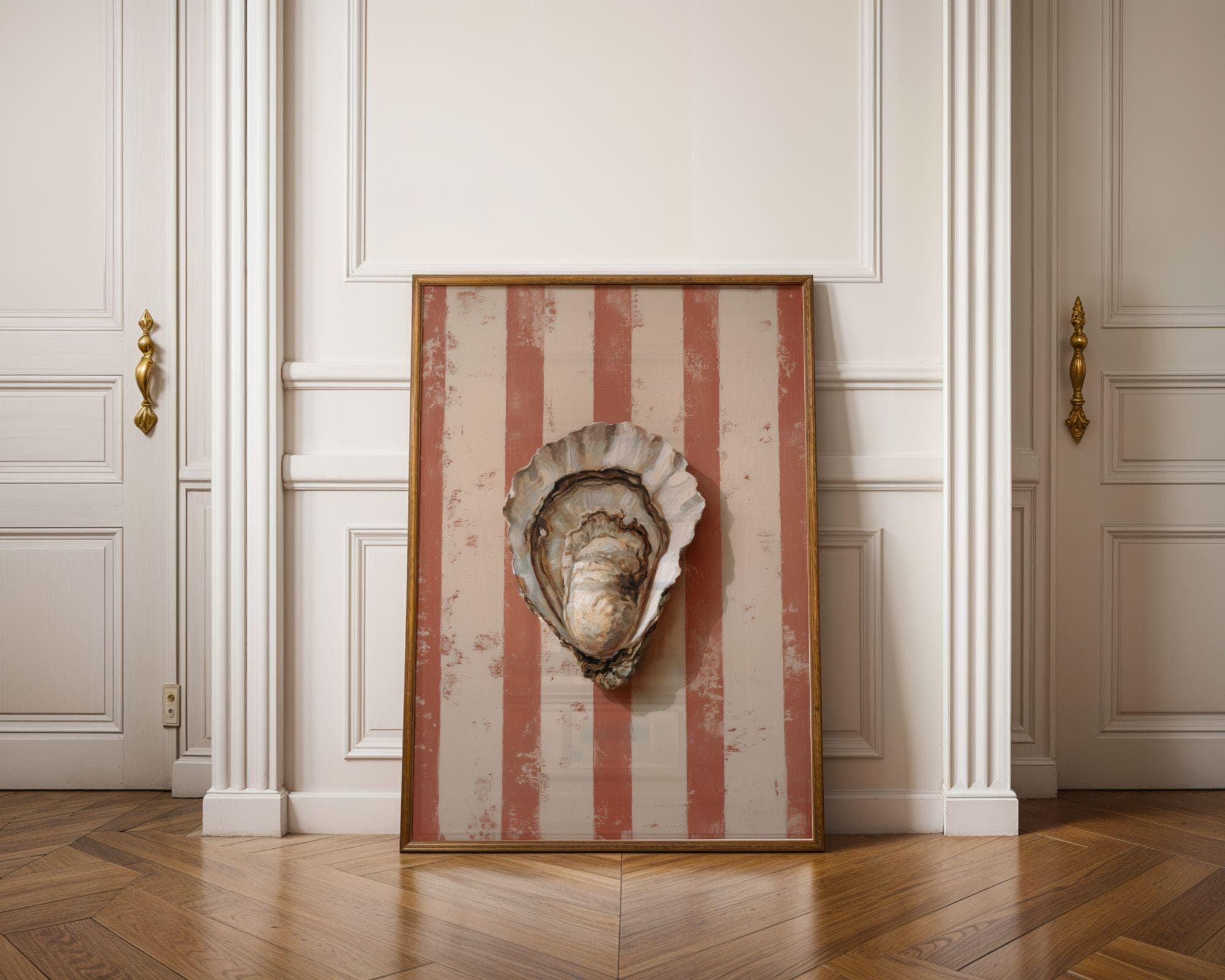 Oyster Shell Wall Print, Coastal Bathroom Decor, Pink Striped Beach House Wall Art, Neutral Nautical Oyster Painting, Preppy Coastal Decor