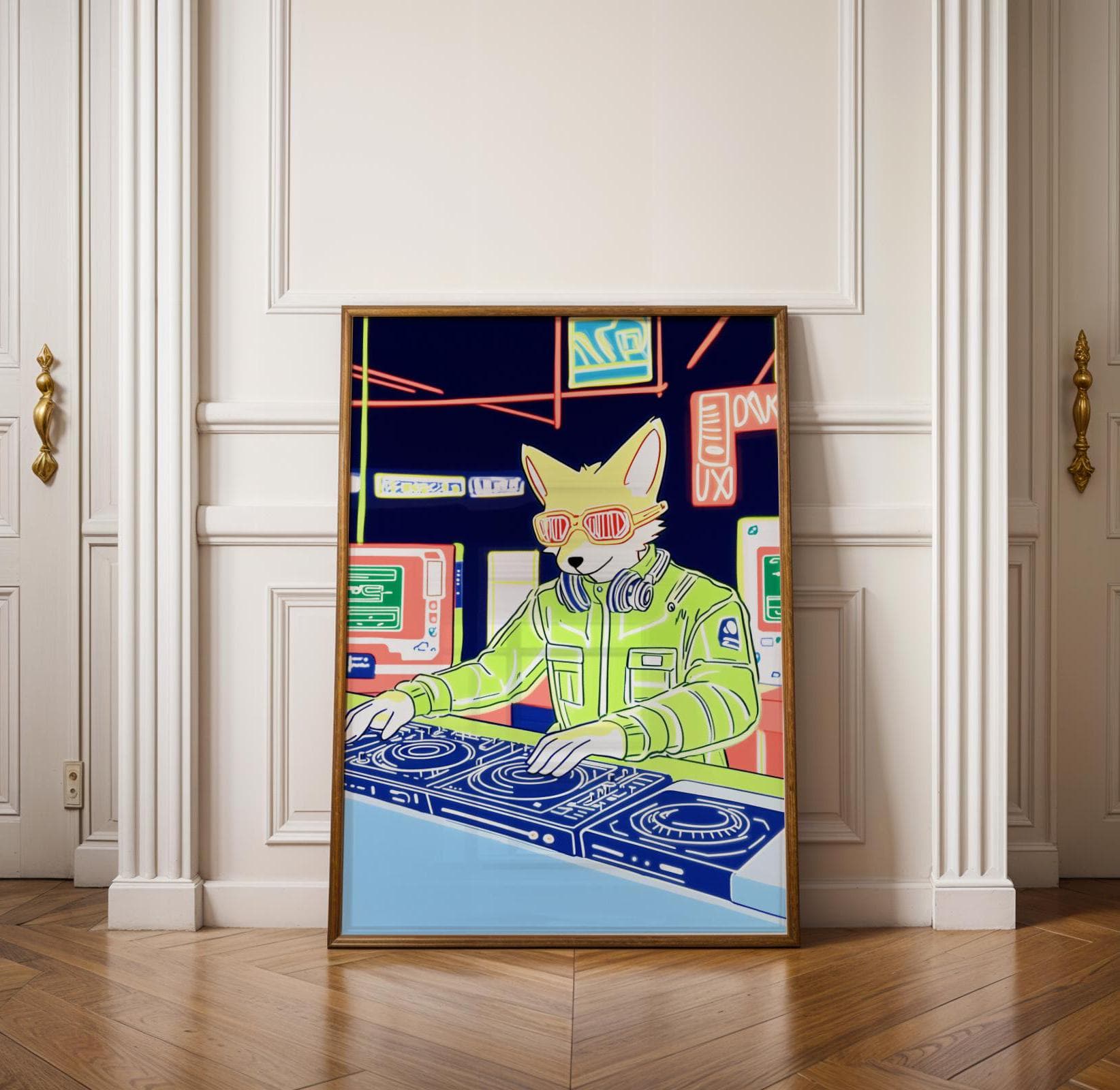 Cyberpunk DJ Fox Wall Art, Neon Furry Aesthetic Print for Gaming Rooms, Electronic Music DJ Fox, Digital Illustration for EDM Enthusiasts