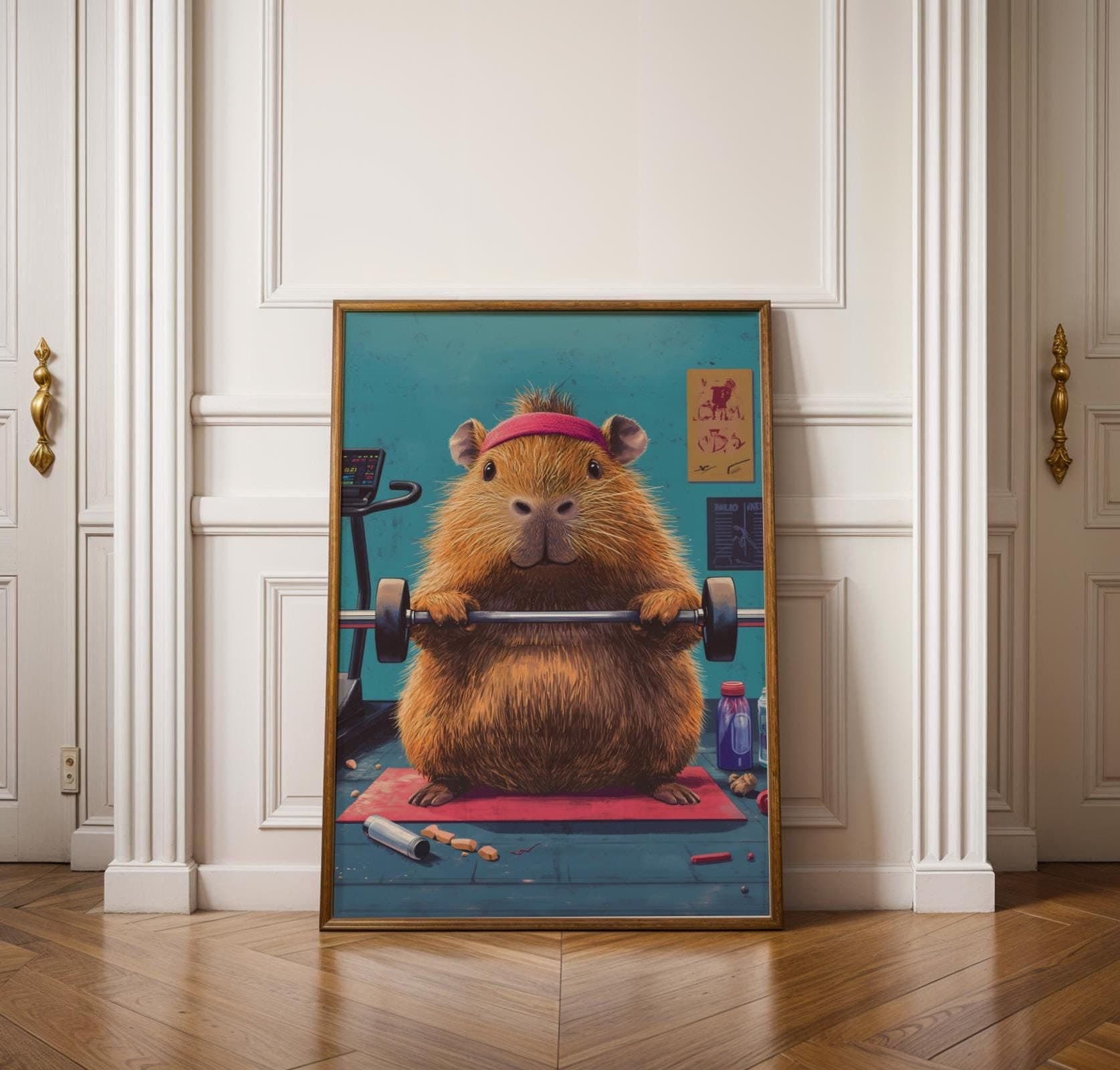 Funny Gym Capybara Wall Art, Funny Fitness Capybara Art Print, Quirky Wall Art, Fitness Motivation Decor, Quirky Capybara Weightlifting Art