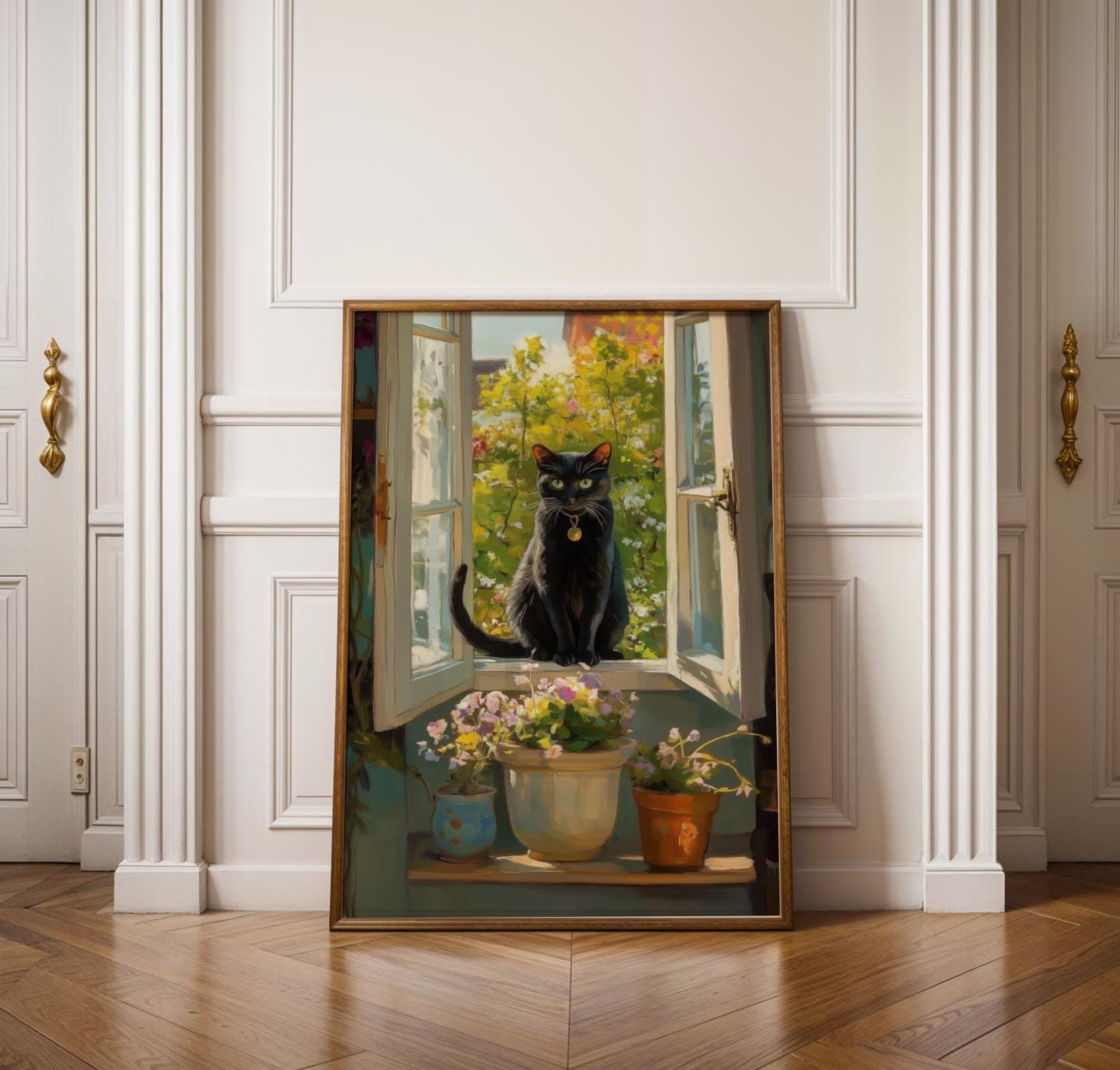 Black Cat and Flowers Poster, Cottagecore Window Art, Black Cat Oil Painting, Quirky Cat Poster, Black Cat on Window Print Funny Poster