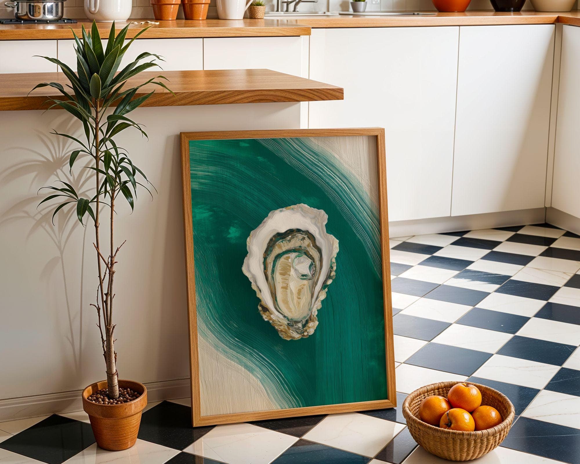 Oyster Shell Wall Art, Coastal Green Ocean Decor, Beach House Print, Minimalist Sea Life Poster, Summer Decor, Teal Ocean Abstract Painting - view 4