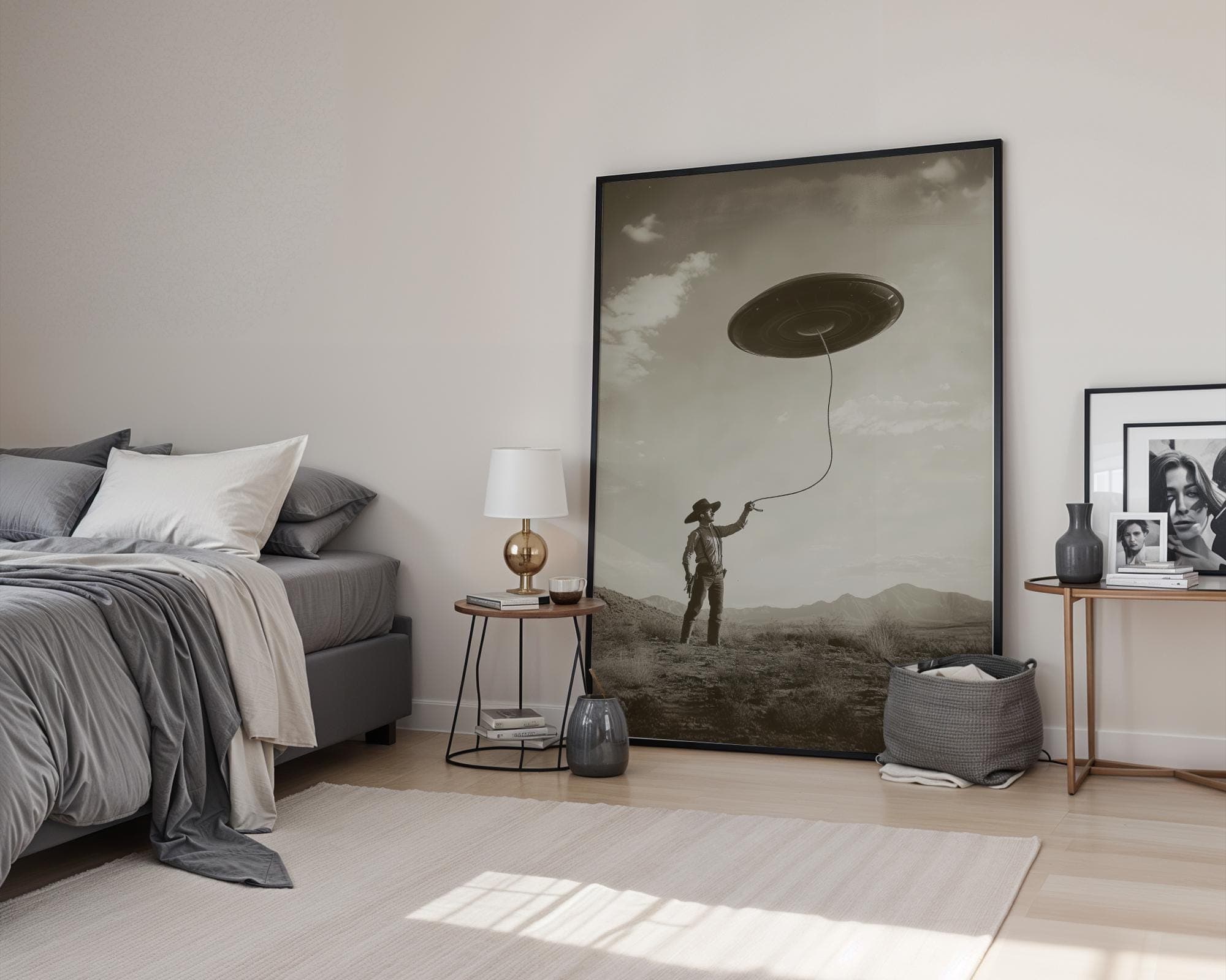 Western Sci‑Fi Cowboy UFO Decor, Surreal Desert UFO Poster, Bedroom Pop of Quirk, Sci-Fi Cowboy, Whimsical Wild West Alien Art Print - view 2