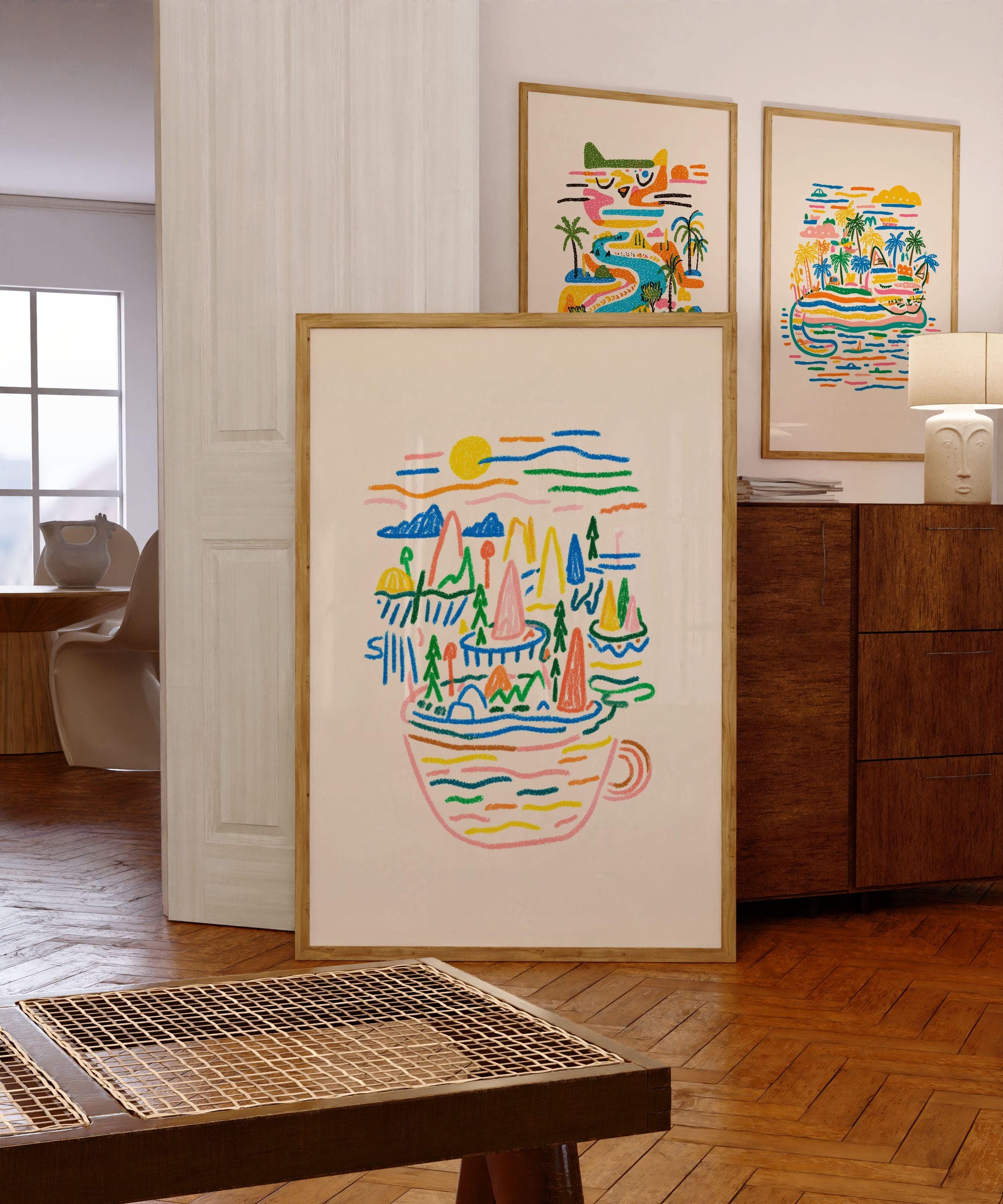 Colorful Abstract Coffee Cup Landscape Wall Art, Modern Minimalist Art, Coffee Art Print – Playful Abstract Line Drawing, Modern Pop Art