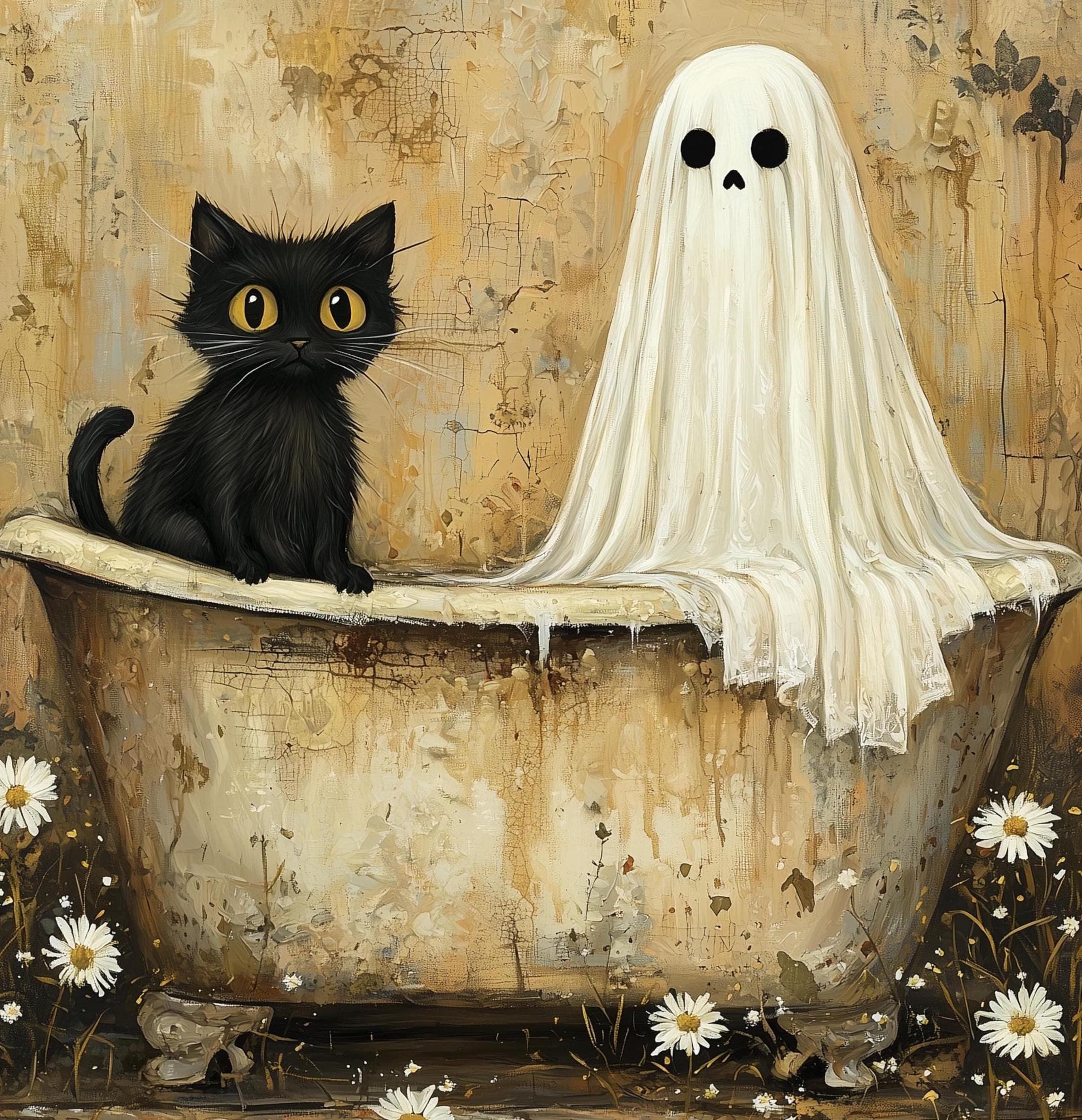 Ghost and black Cat in Bathtub, Spooky Romantic Halloween Art, Black Cat Print, Whimsigoth Bathroom Decor, Whimsical Spooky Digital Print - view 2