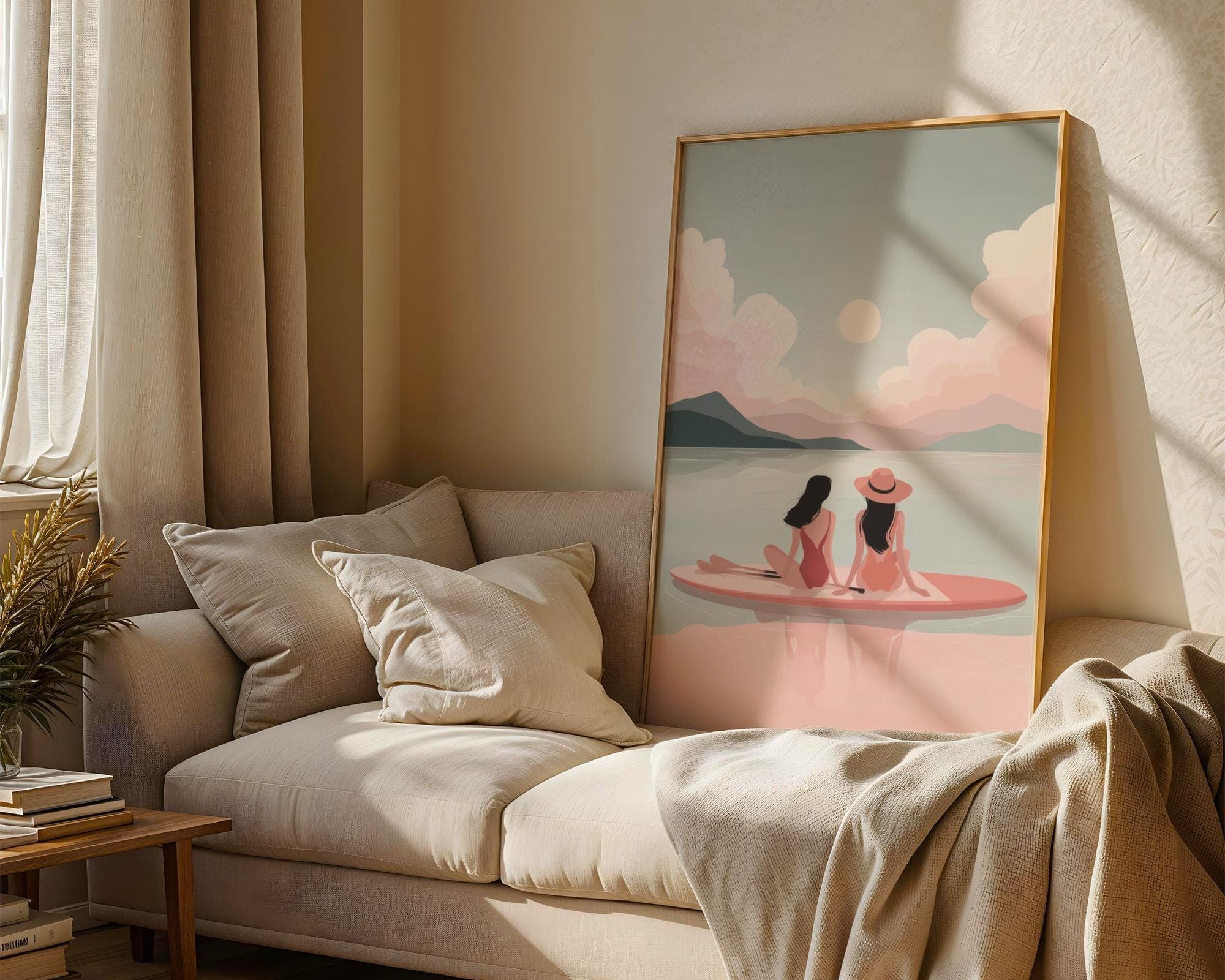 Sunset Paddle Board Wall Art – Pastel Coastal Print for Beach Decor, Minimalist Beach Print with Two Women, Soft Pink Ocean Paddleboard Art - view 2