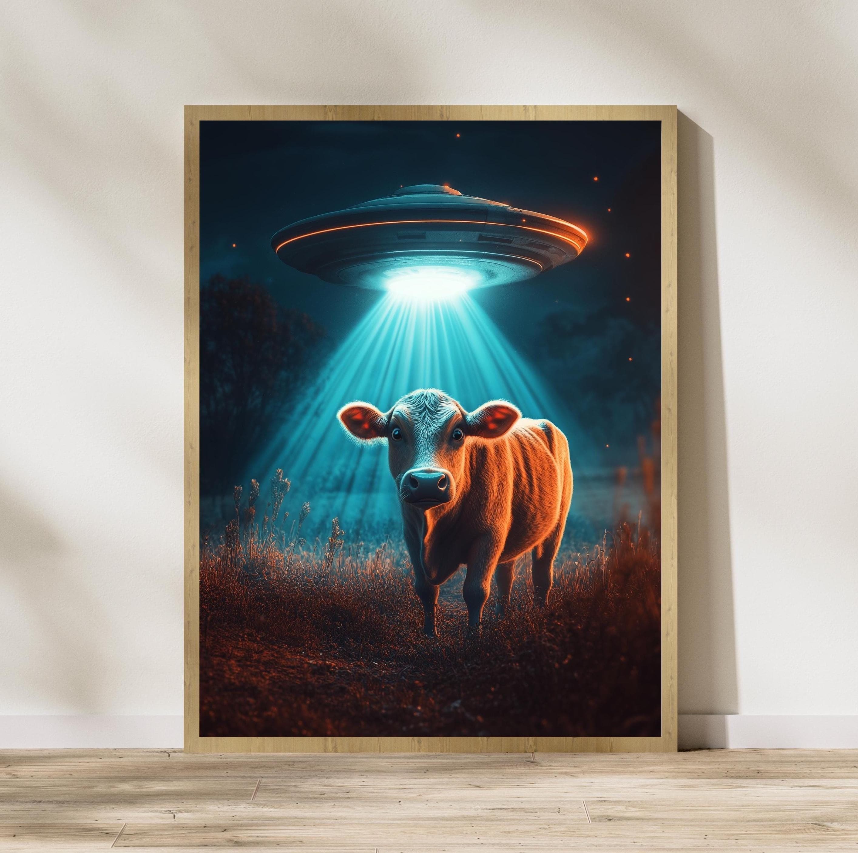 Cow Alien Abduction Art Print, Vintage UFO Print, Digital Download, Funny Wall Decor, Funny Cow Print, Funny Digital Wall Prints, Funny Art