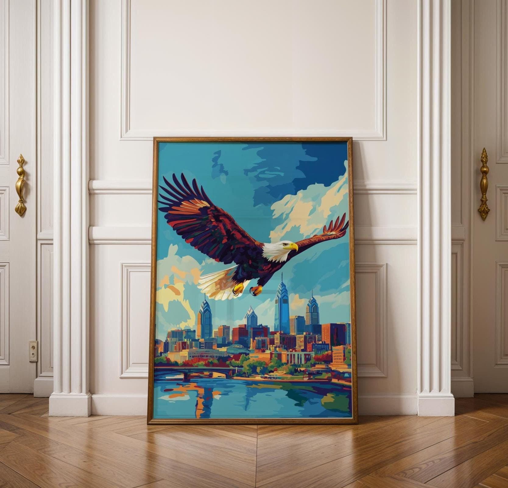 Philadelphia Wall Art, Blue Sky City Poster, Philadelphia Modern Decor, Majestic Eagle Print, Cityscape Painting, Digital Download