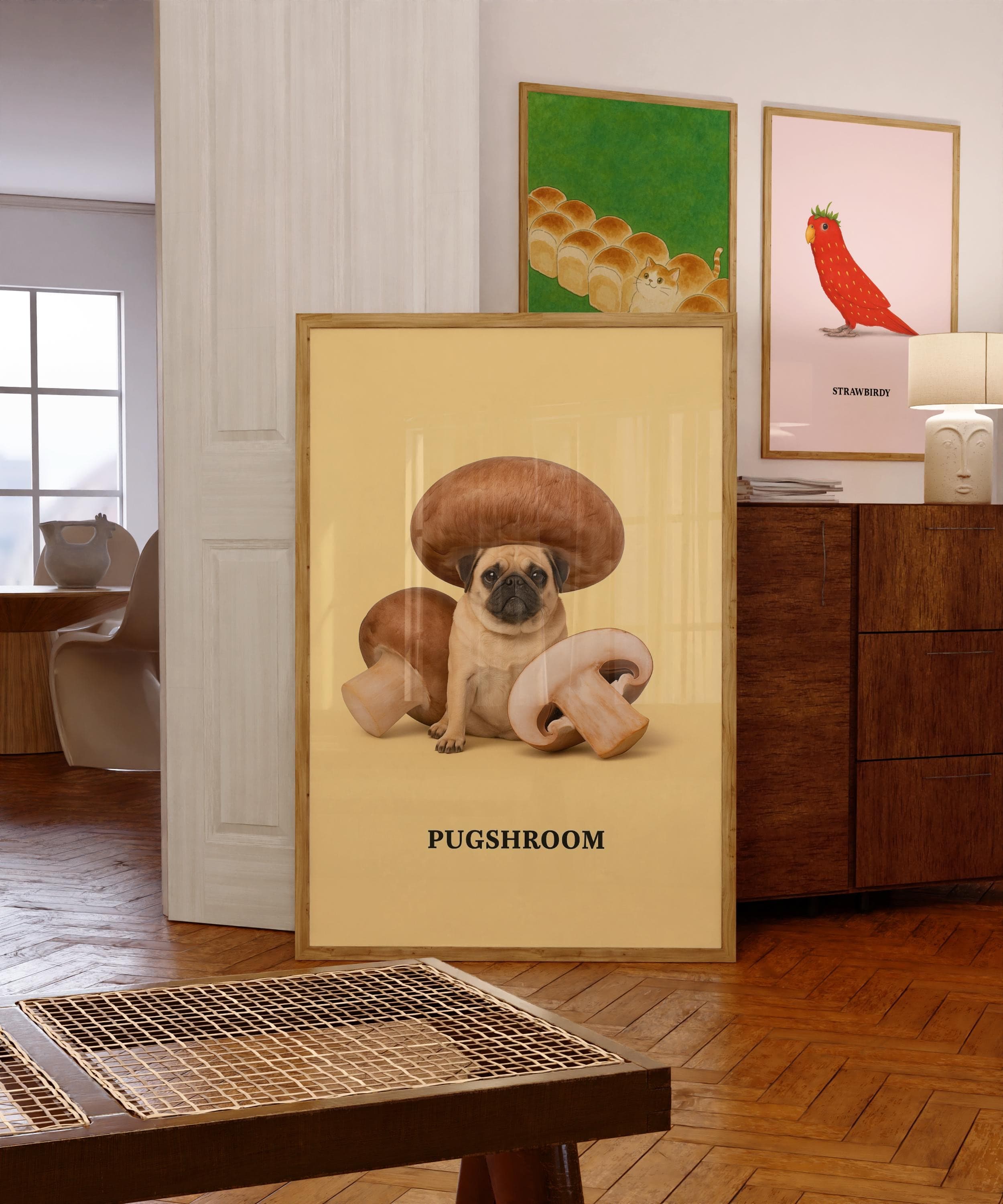 Funny Pug Wall Art Mushroom Hat Dog Print Whimsical Animal Poster, Funny Wall Art for Bathroom, Pug Wall Decor, Whimsical Dog Poster