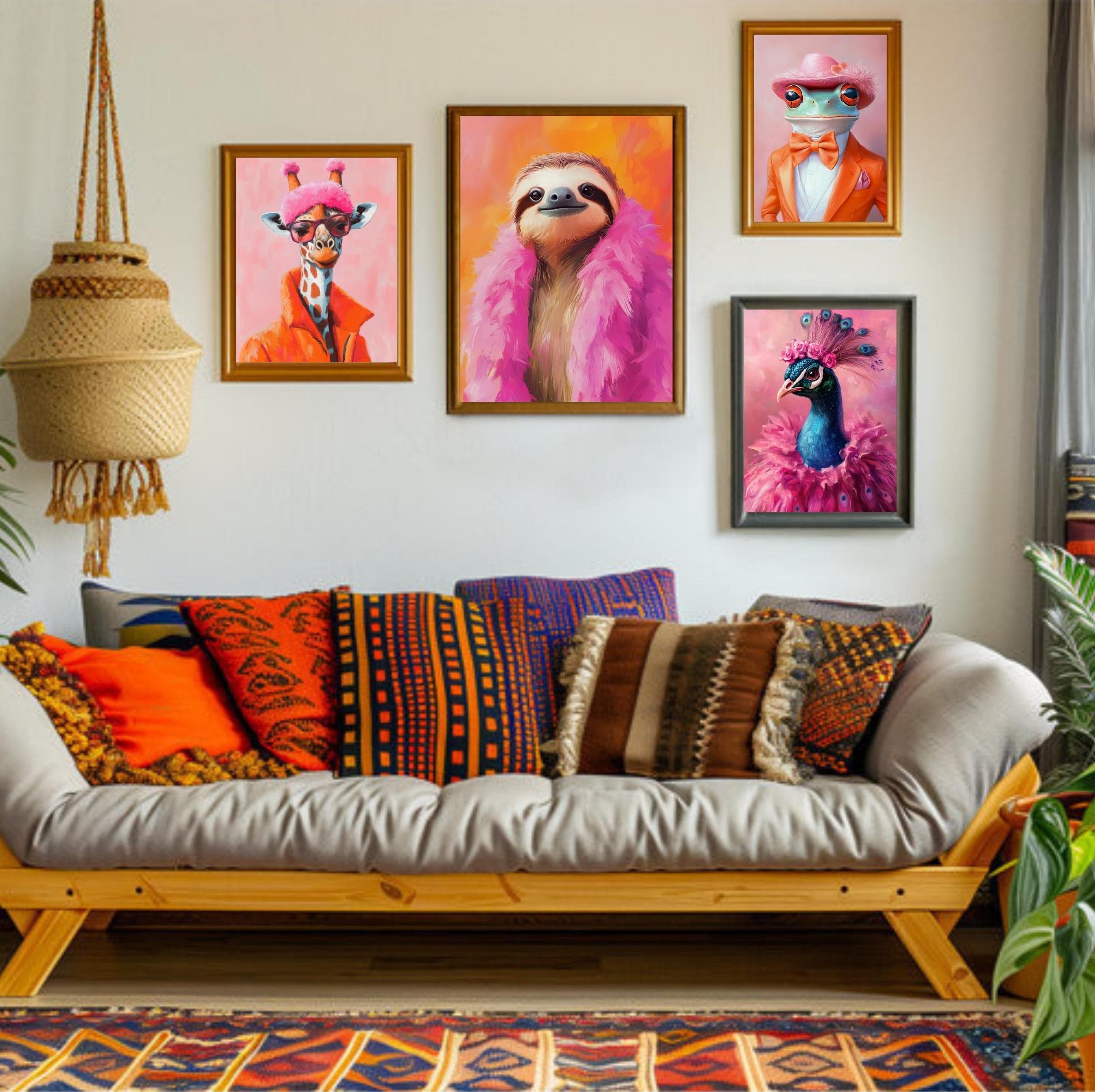 Colorful Animal Fashion Art Prints Maximalist Wall Art Funky Animal Fashion Portraits Cute Hipster Print Quirky Wall Art Preppy Print - view 5